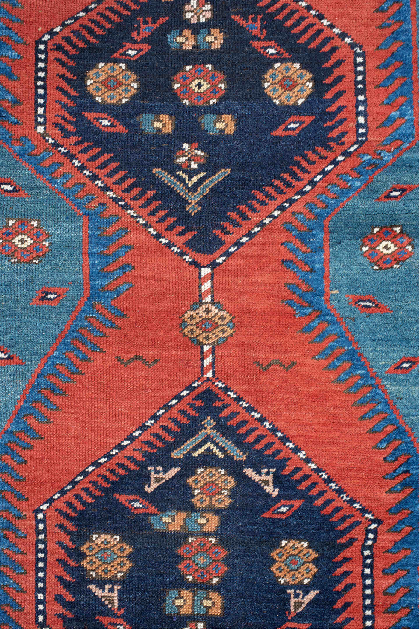 3' x 13' one-of-a-kind handmade antique NW Persian runner rug. Color palette: blue, coral, navy, ivory, rust, slate