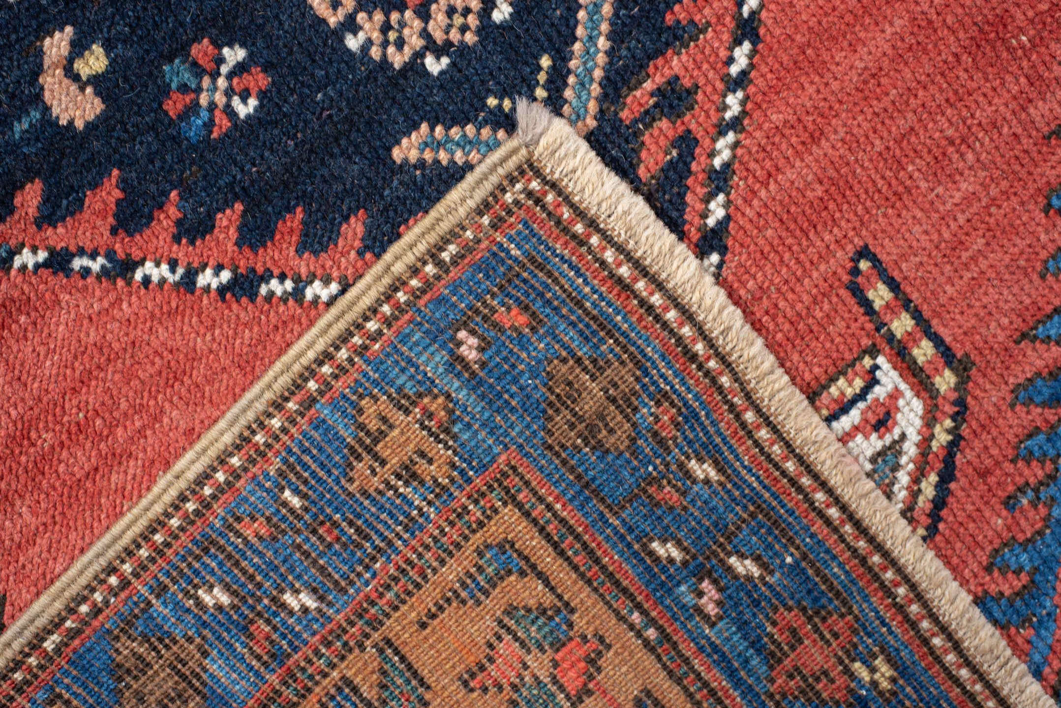 3' x 13' one-of-a-kind handmade antique NW Persian runner rug. Color palette: blue, coral, navy, ivory, rust, slate
