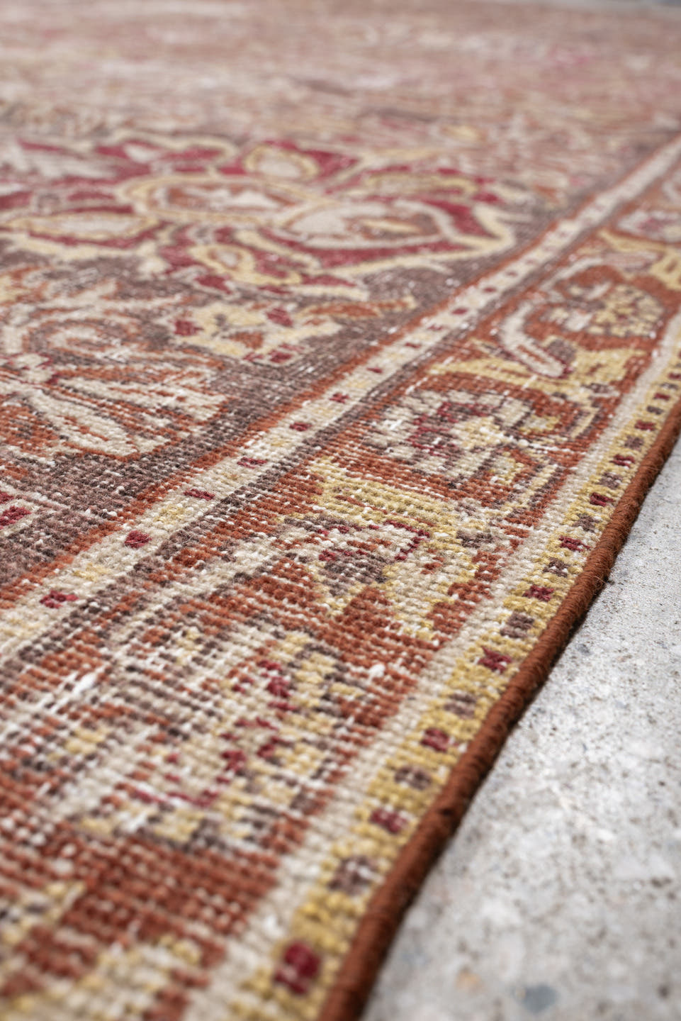 16' x 13' one-of-a-kind handmade vintage Amritzar oversize rug. Color palette: ivory, terra cotta, taupe, rose, camel