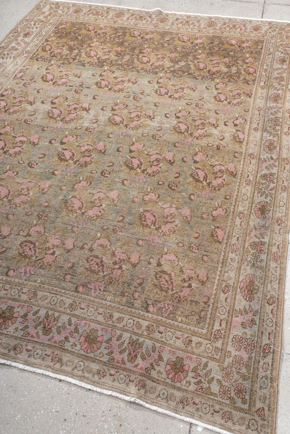 5' x 7' one-of-a-kind handmade antique Afshar rug. Color palette: taupe, ivory, rose, brown, sage, blush, camel, beige, gray