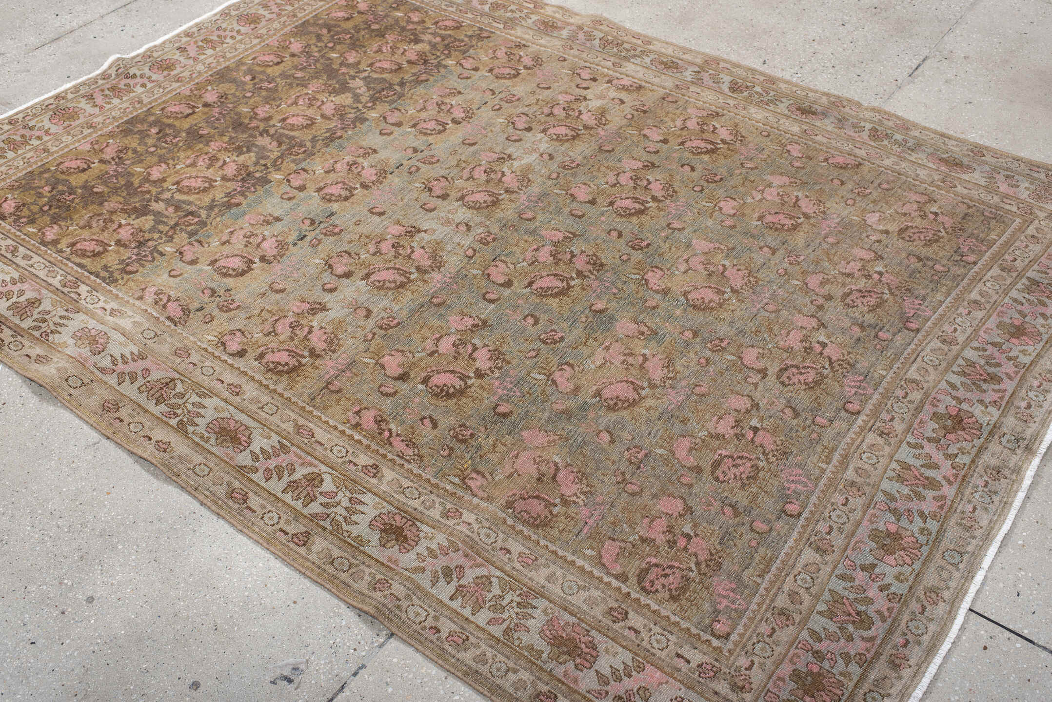 5' x 7' one-of-a-kind handmade antique Afshar rug. Color palette: taupe, ivory, rose, brown, sage, blush, camel, beige, gray