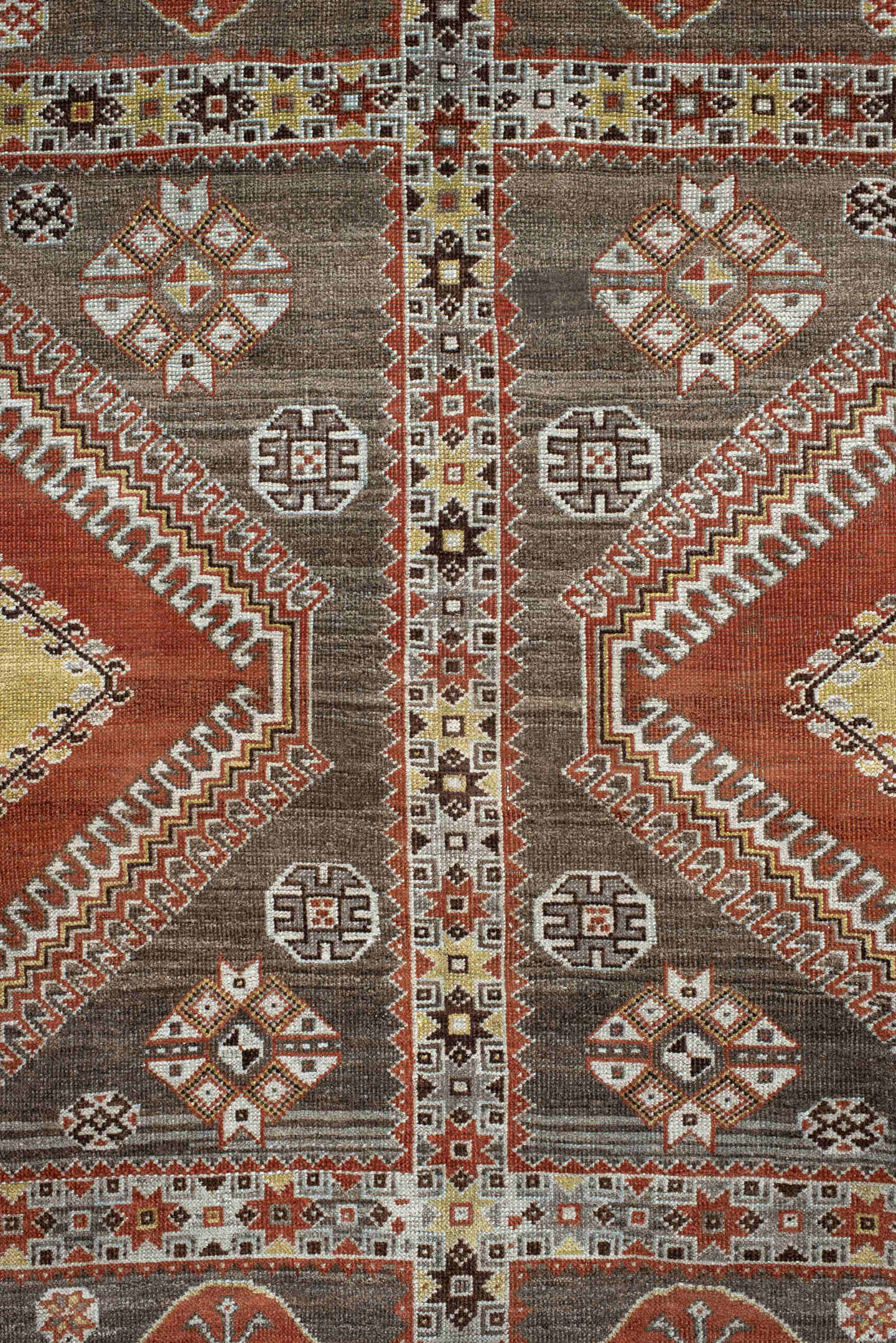 6' x 9' one-of-a-kind handmade antique Shiraz medium size rug. Color palette: ivory, rust, brown, taupe, gold, charcoal