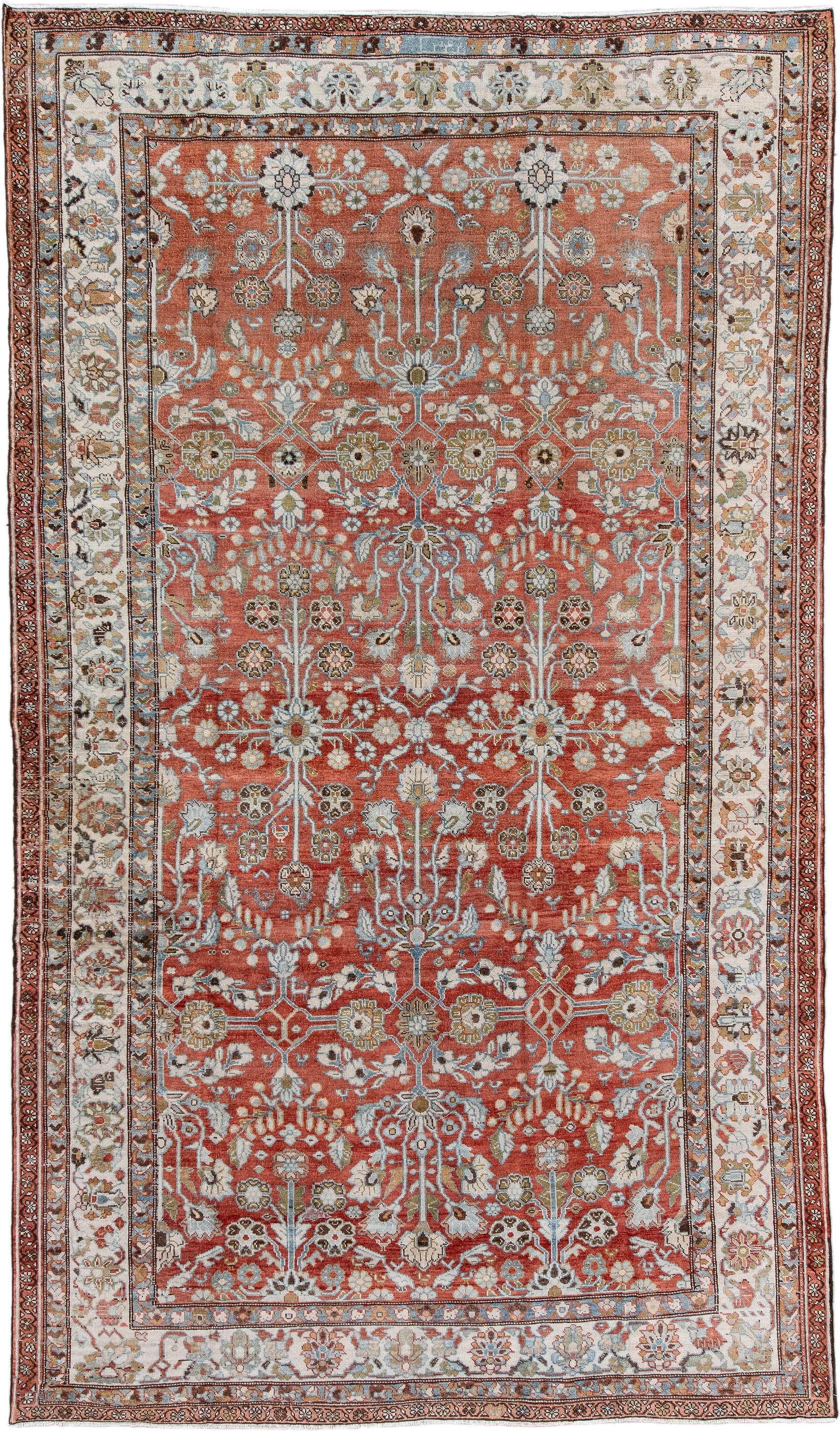 7' x 12' one-of-a-kind handmade vintage Mahal large size rug. Color palette: terra cotta, ivory, sky blue, sage, gold, rust