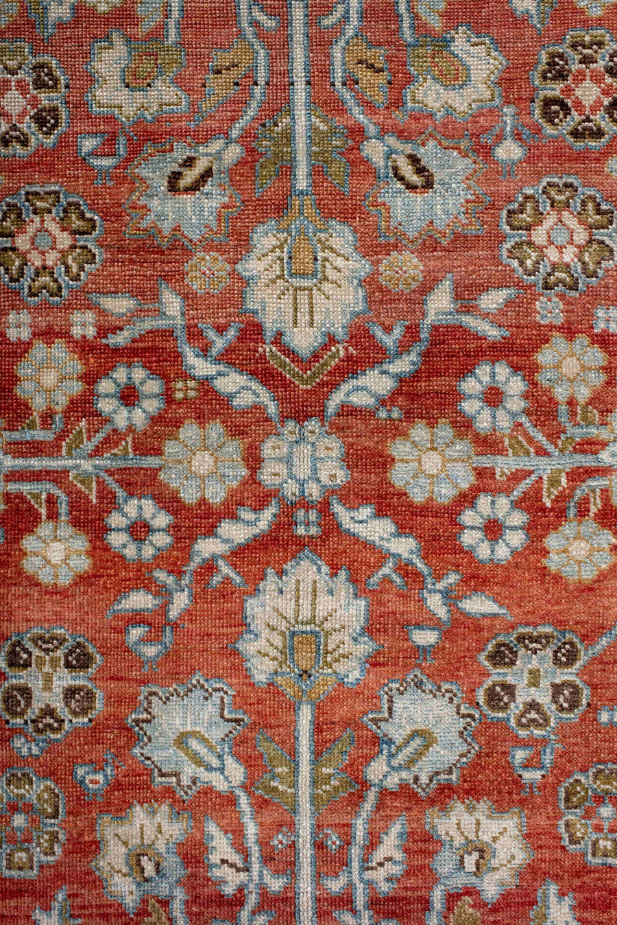 7' x 12' one-of-a-kind handmade vintage Mahal large size rug. Color palette: terra cotta, ivory, sky blue, sage, gold, rust