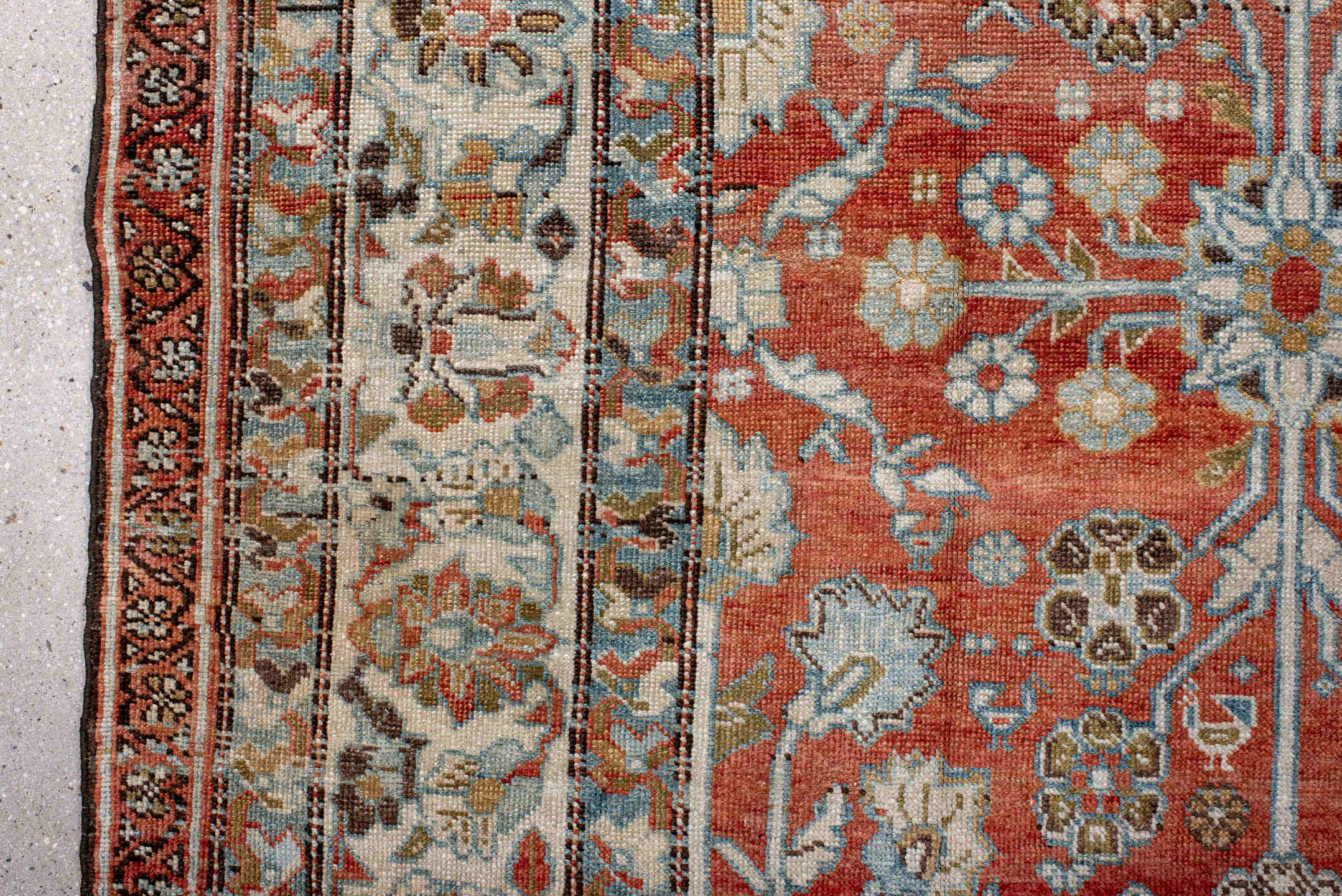 7' x 12' one-of-a-kind handmade vintage Mahal large size rug. Color palette: terra cotta, ivory, sky blue, sage, gold, rust