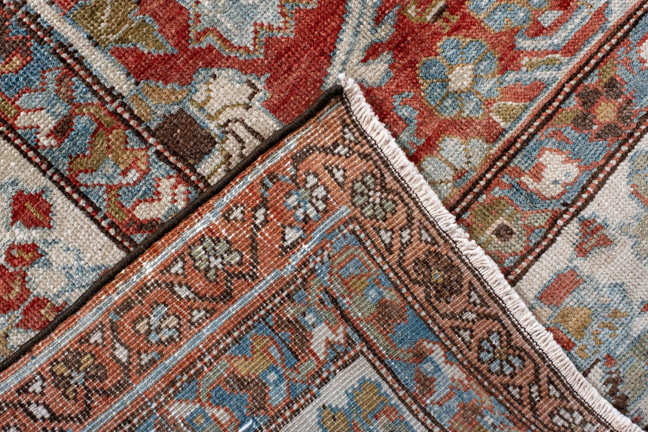 7' x 12' one-of-a-kind handmade vintage Mahal large size rug. Color palette: terra cotta, ivory, sky blue, sage, gold, rust