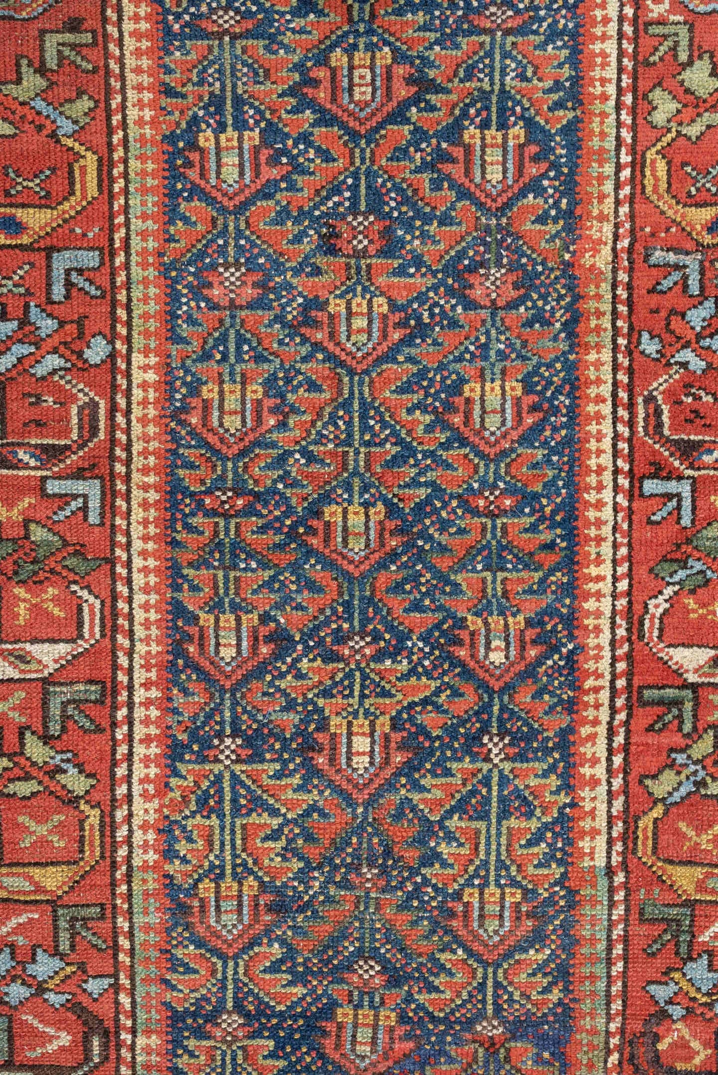 2' x 11' one-of-a-kind handmade antique Malayer runner rug. Color palette: navy, rust, ivory, camel, sage, terracotta