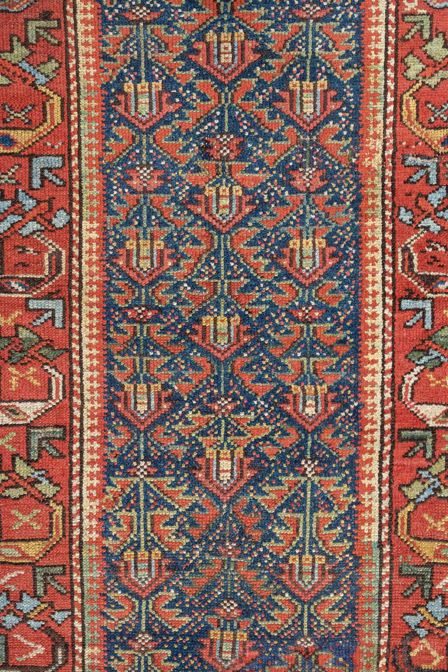 2' x 11' one-of-a-kind handmade antique Malayer runner rug. Color palette: navy, rust, ivory, camel, sage, terracotta