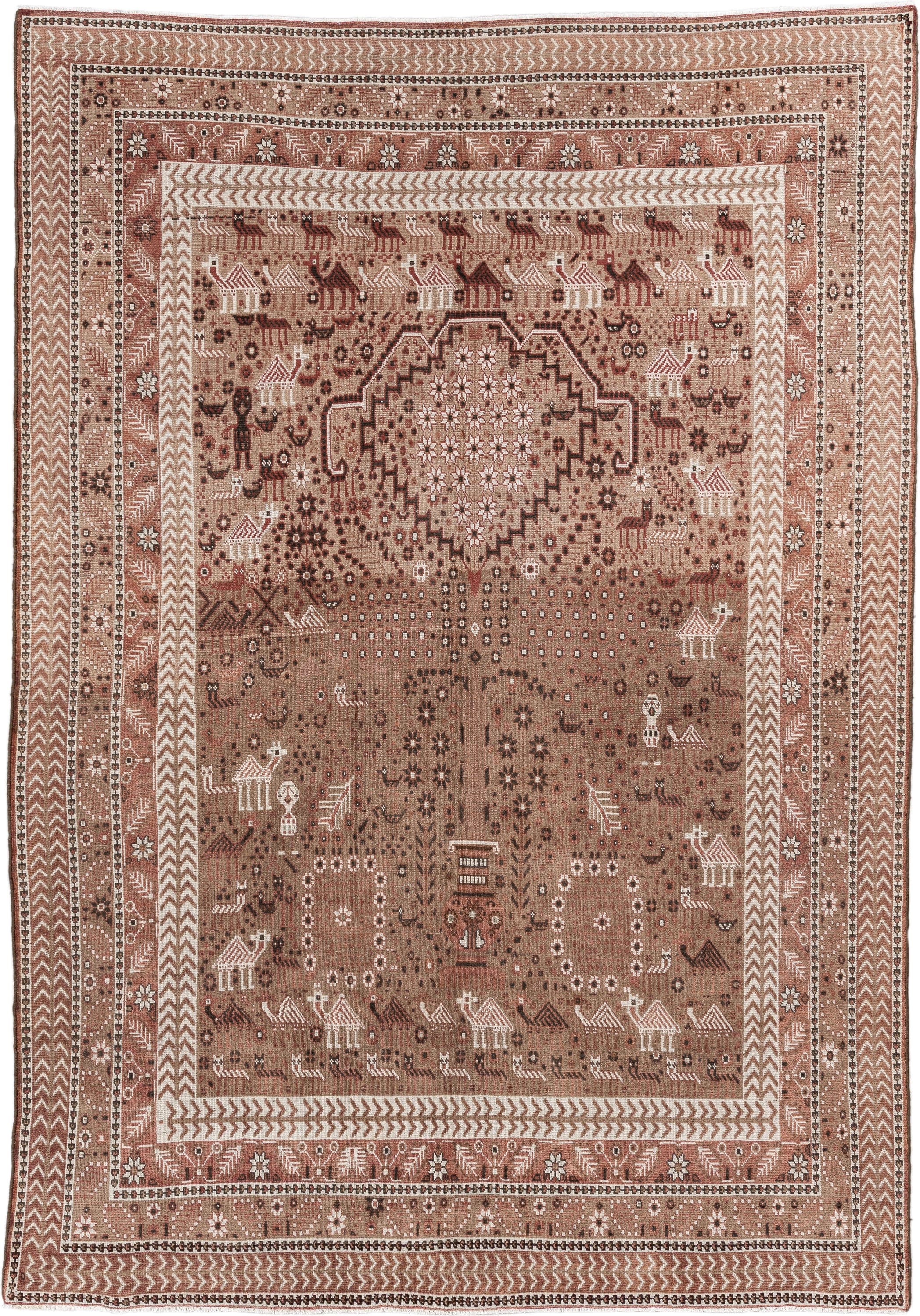 6' x 9' one-of-a-kind handmade vintage Sivas medium size rug. Color palette: terra cotta, ivory, taupe, brown, rose