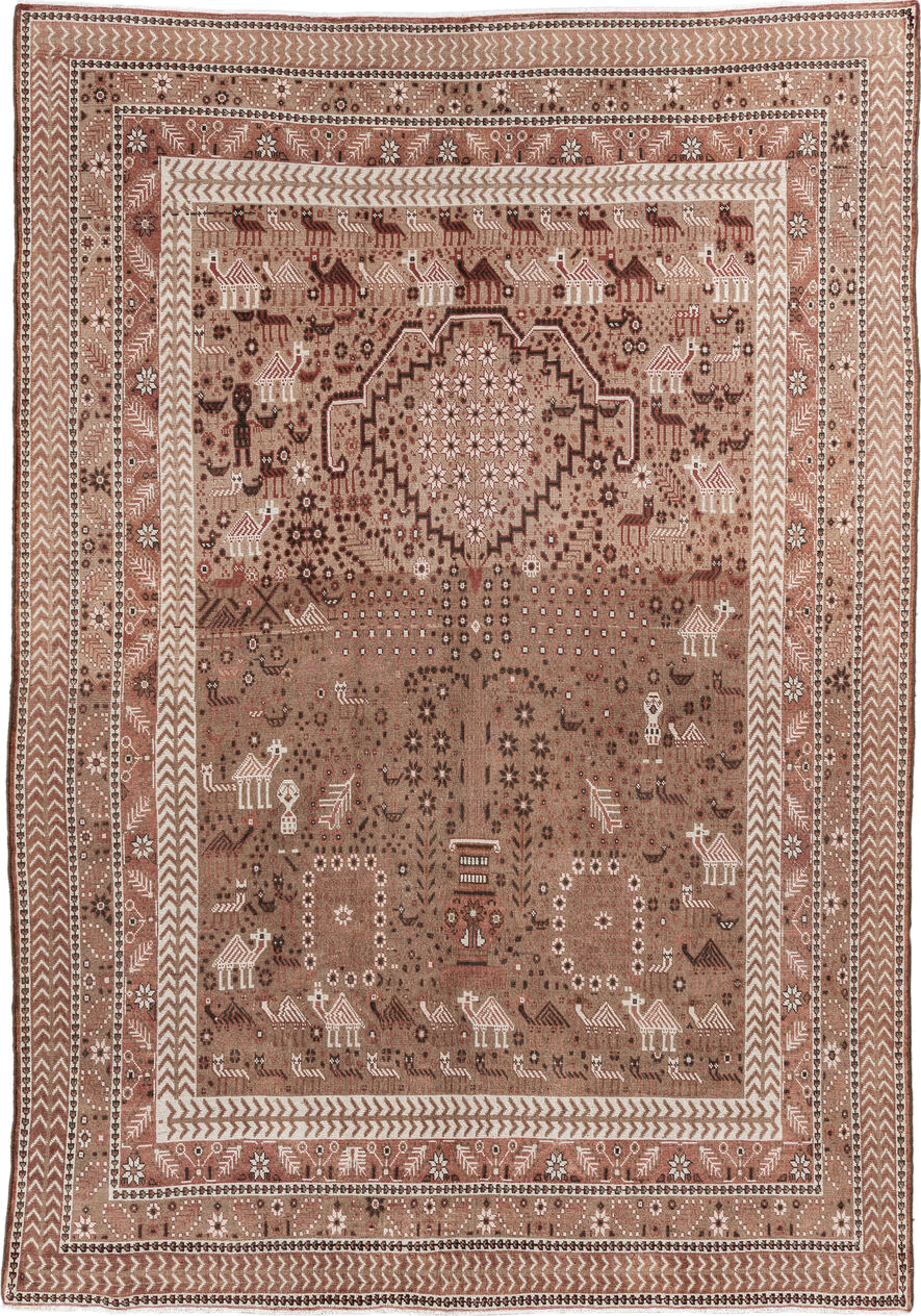 6' x 9' one-of-a-kind handmade vintage Sivas medium size rug. Color palette: brown, gray, light gray, off-white, pink