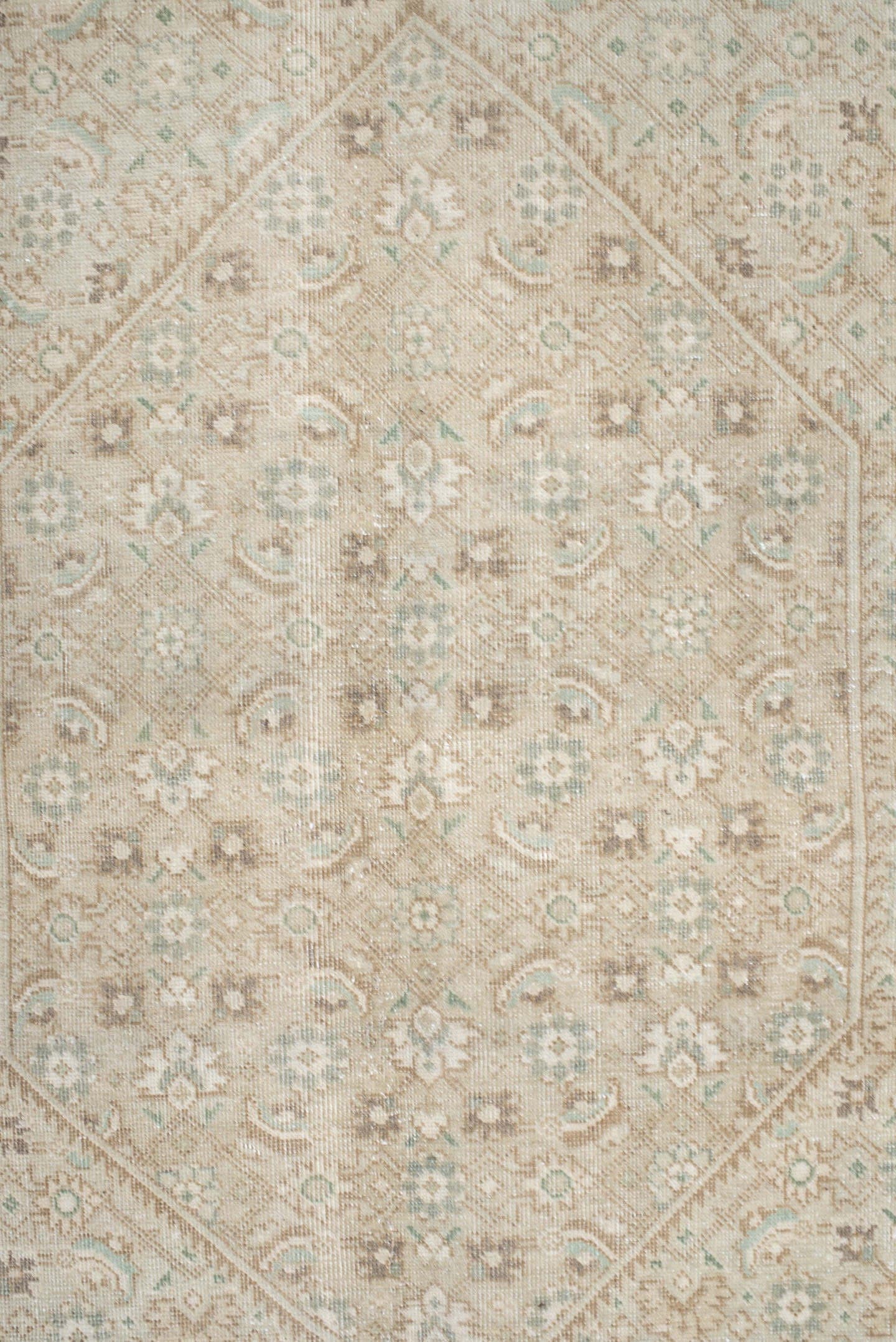 9' x 12' one-of-a-kind handmade vintage large size rug. Color palette: ivory, taupe, sage, cream, beige, pale aqua, gray