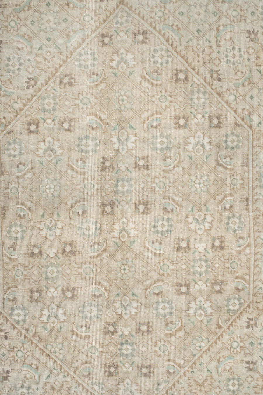 9' x 12' one-of-a-kind handmade vintage large size rug. Color palette: ivory, taupe, sage, cream, beige, pale aqua, gray