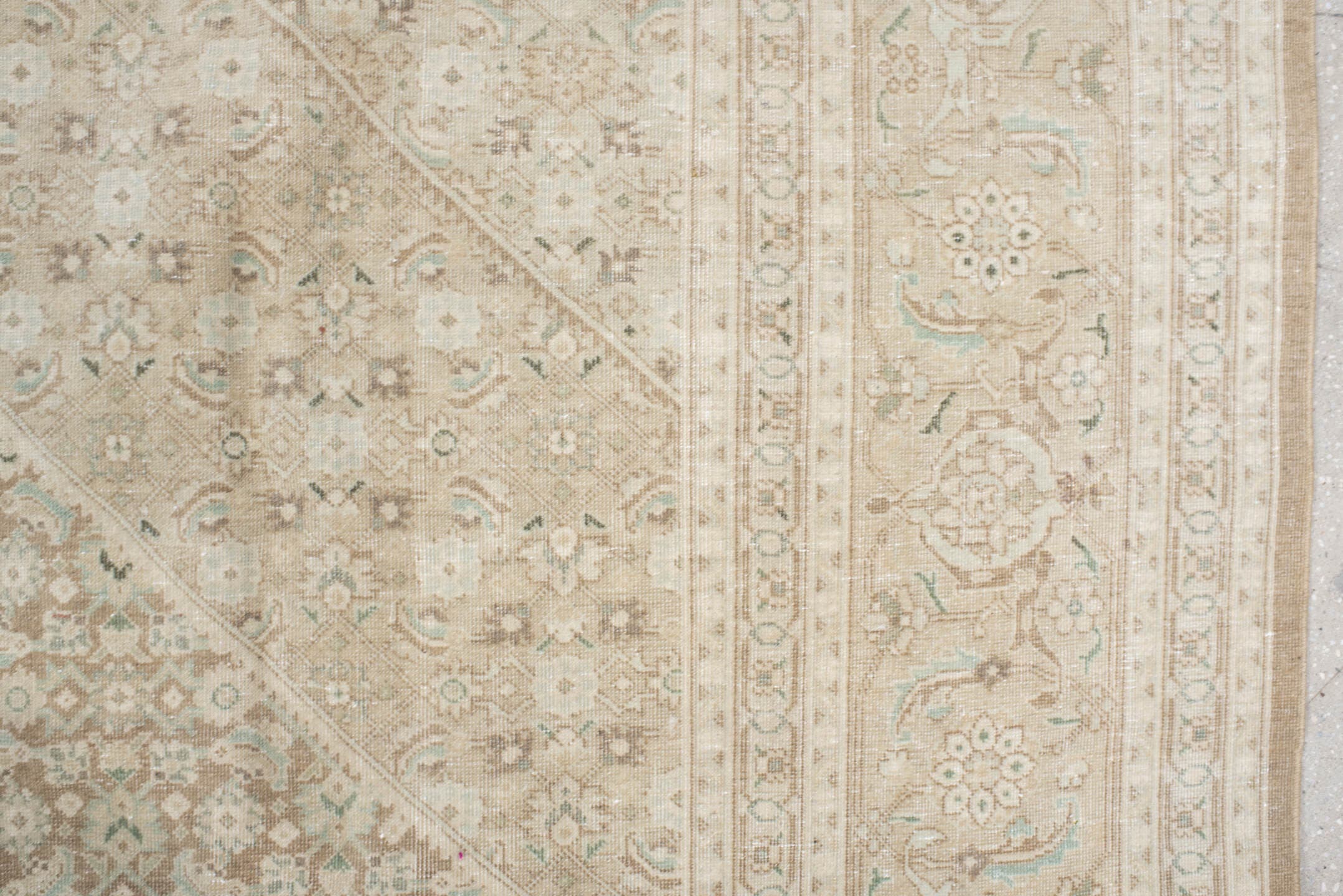 9' x 12' one-of-a-kind handmade vintage large size rug. Color palette: ivory, taupe, sage, cream, beige, pale aqua, gray