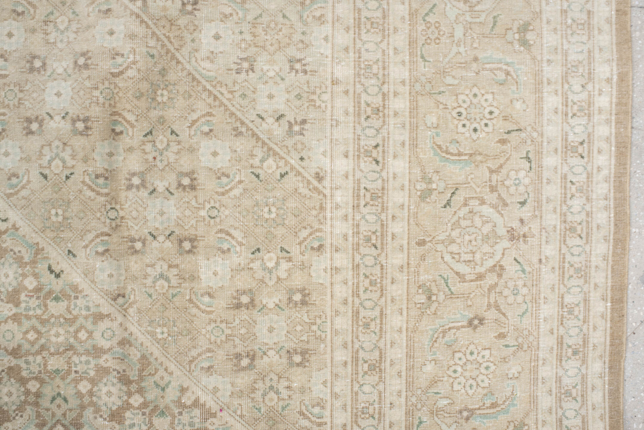 9' x 12' one-of-a-kind handmade vintage large size rug. Color palette: ivory, taupe, sage, cream, beige, pale aqua, gray