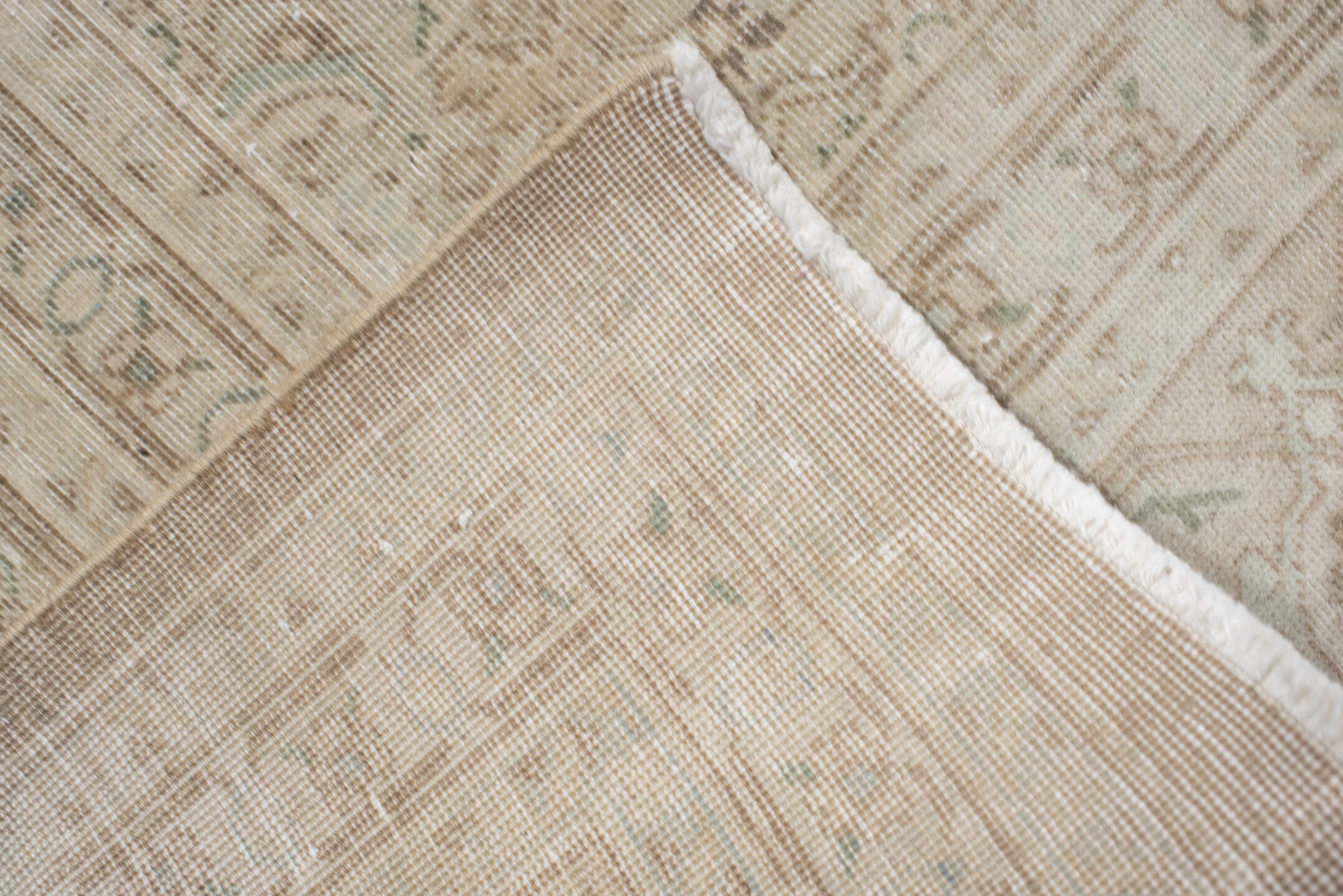 9' x 12' one-of-a-kind handmade vintage large size rug. Color palette: ivory, taupe, sage, cream, beige, pale aqua, gray