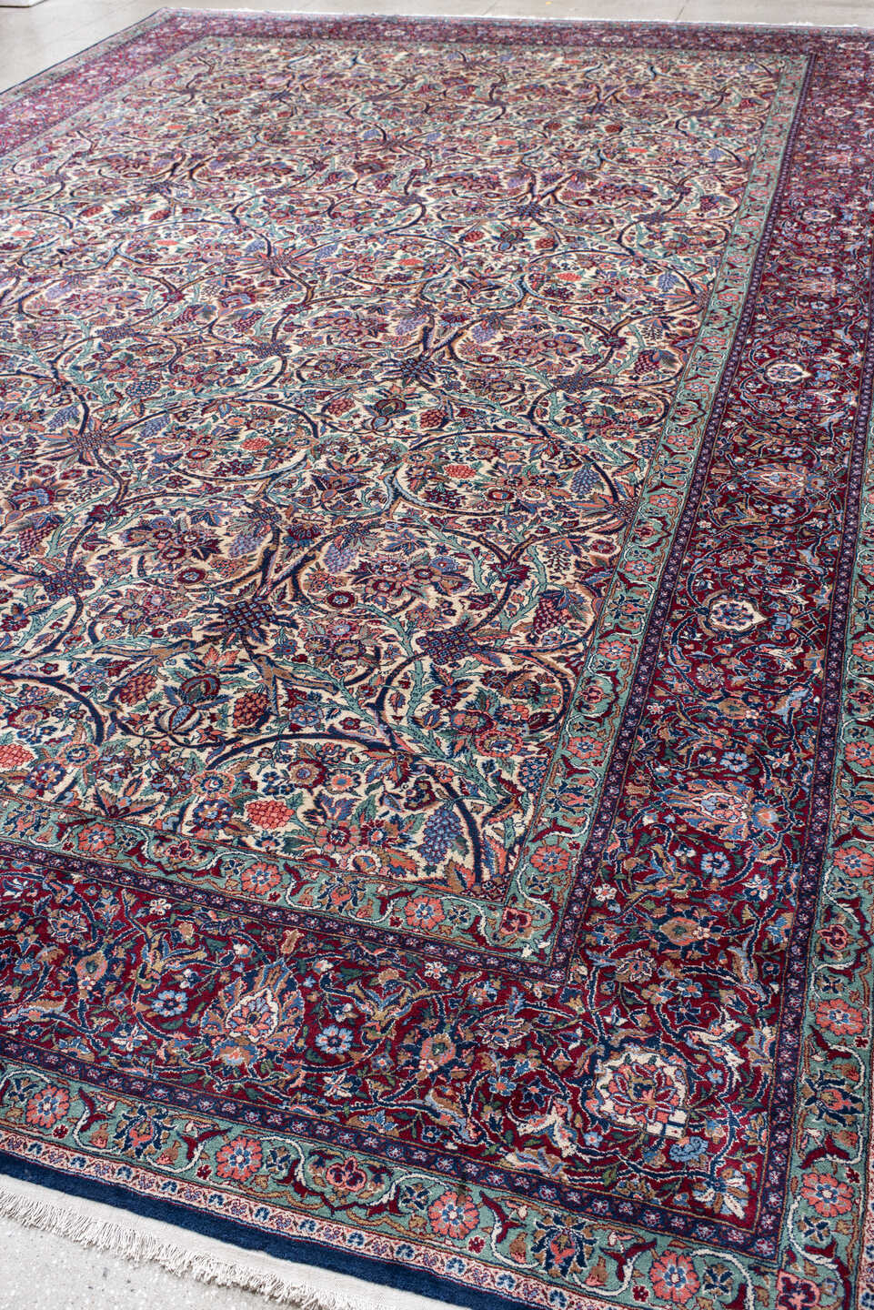 0' x 0' one-of-a-kind handmade vintage small size rug. Color palette: antiquewhite, blue, brown, dark gray, dim gray, gray