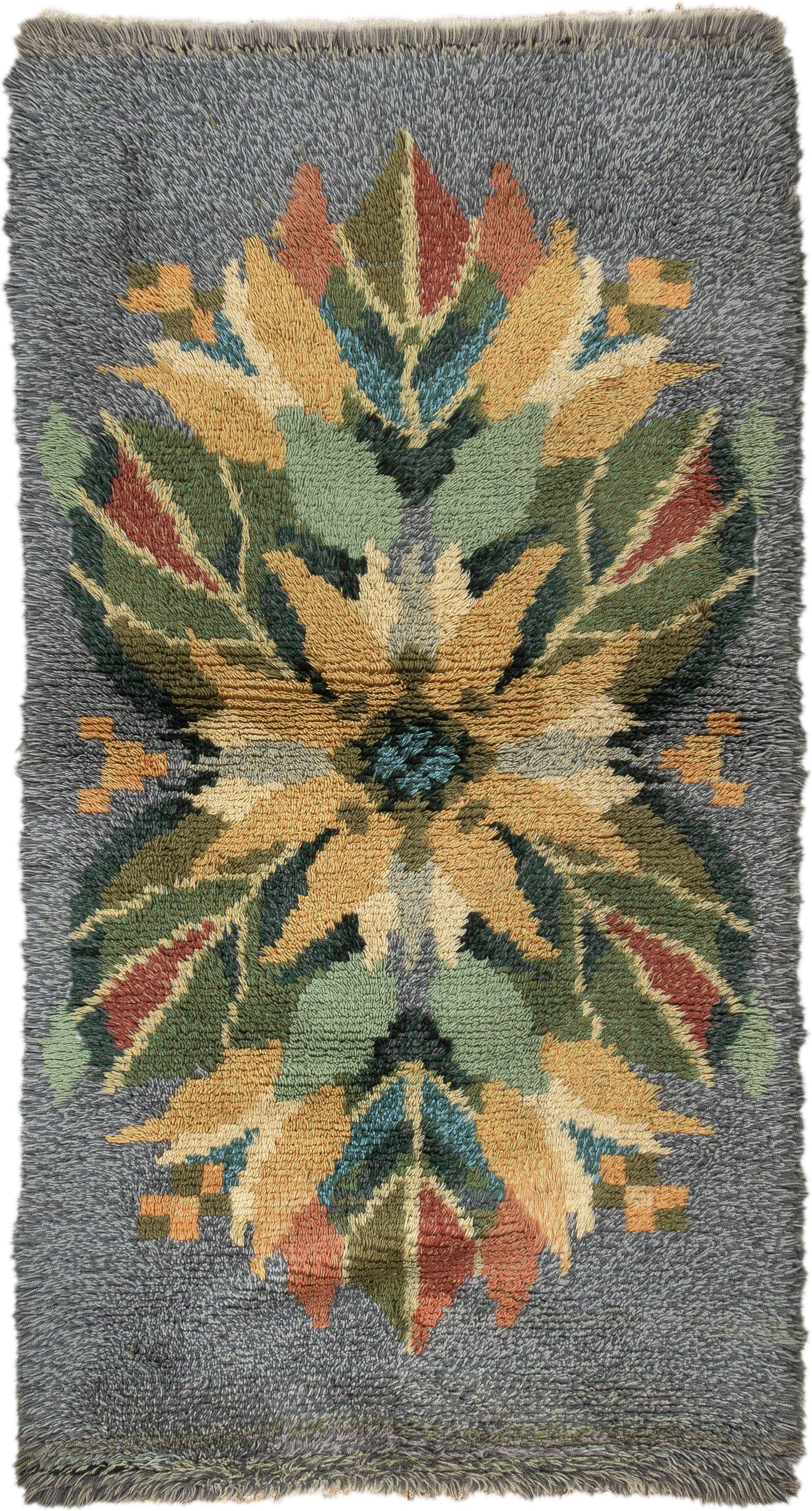 3' x 6' one-of-a-kind handmade antique Swedish small size rug. Color palette: gray, gold, sage, olive, rust, teal, ivory