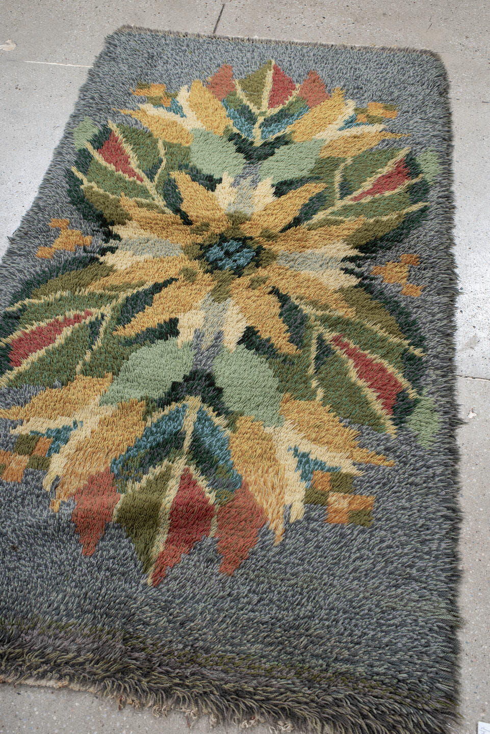 3' x 6' one-of-a-kind handmade antique Swedish small size rug. Color palette: gray, gold, sage, olive, rust, teal, ivory