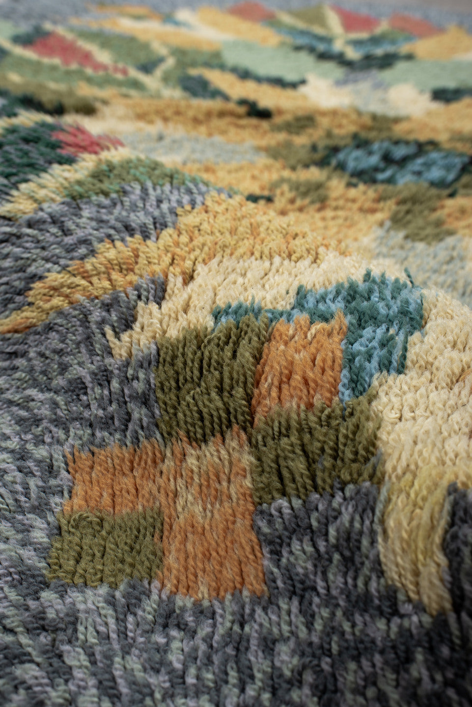 3' x 6' one-of-a-kind handmade antique Swedish small size rug. Color palette: gray, gold, sage, olive, rust, teal, ivory