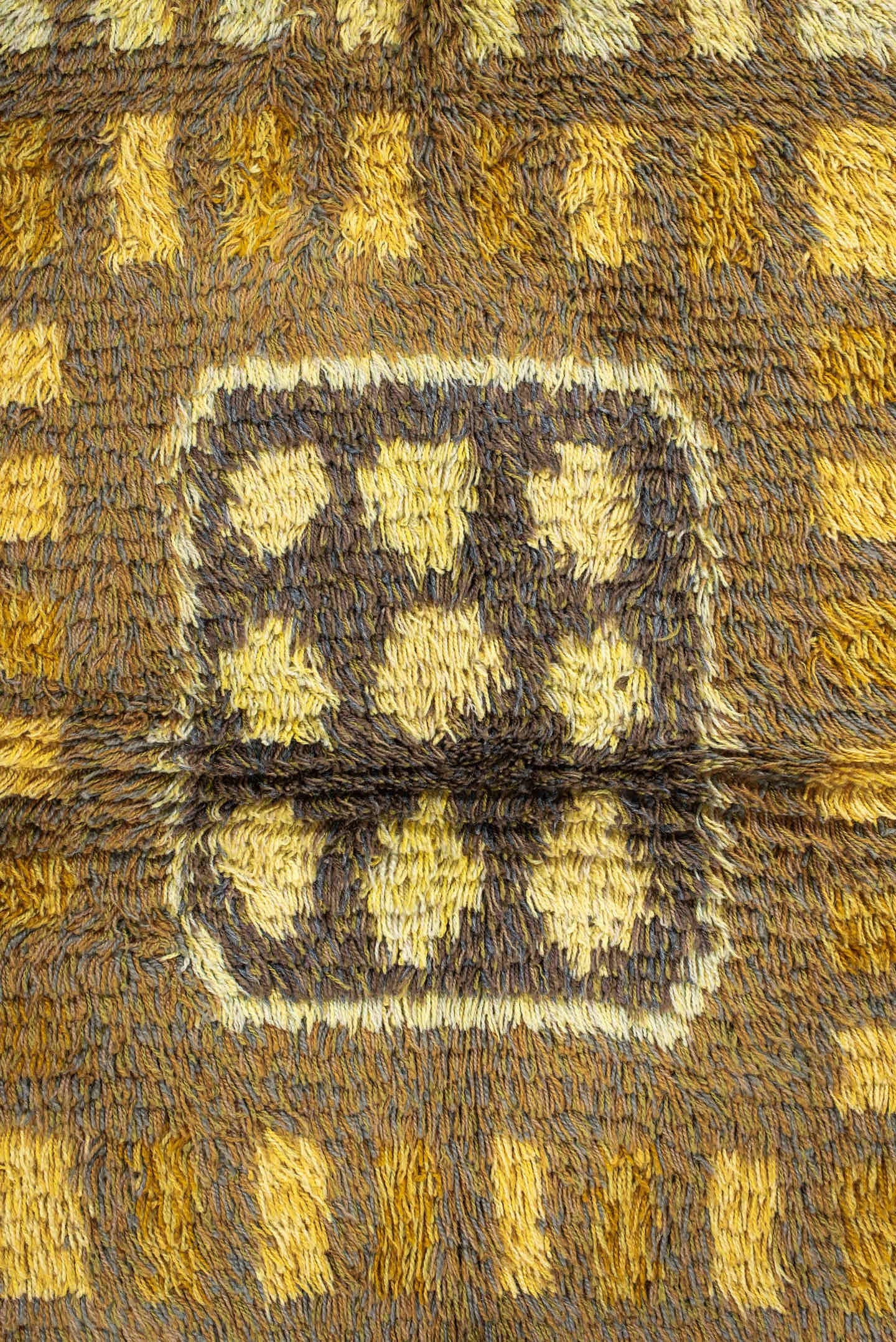 4' x 5' one-of-a-kind handmade vintage Rya-Swedish small size rug. Color palette: gold, brown, ochre, ivory, camel, olive