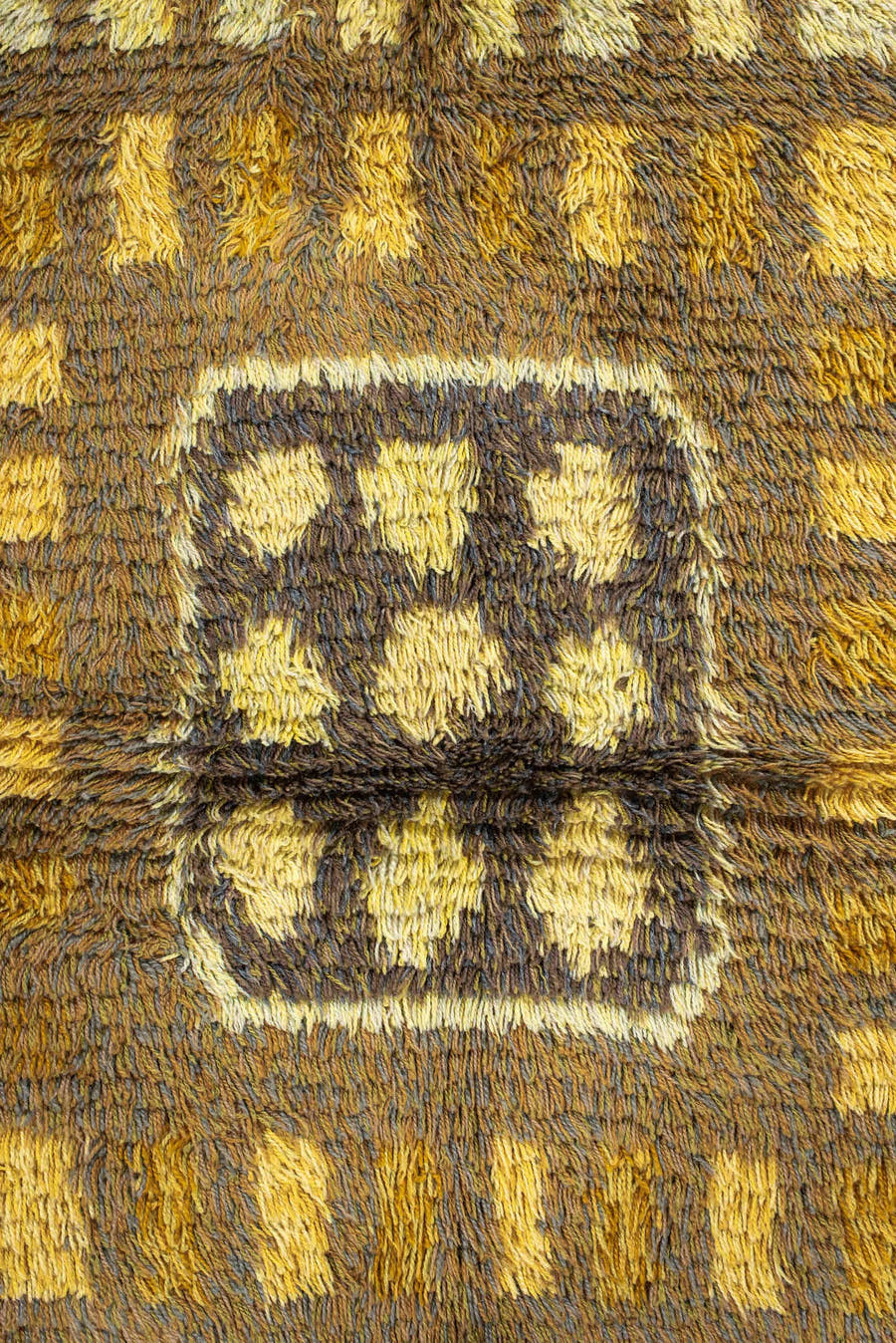 4' x 5' one-of-a-kind handmade vintage Rya-Swedish small size rug. Color palette: gold, brown, ochre, ivory, camel, olive