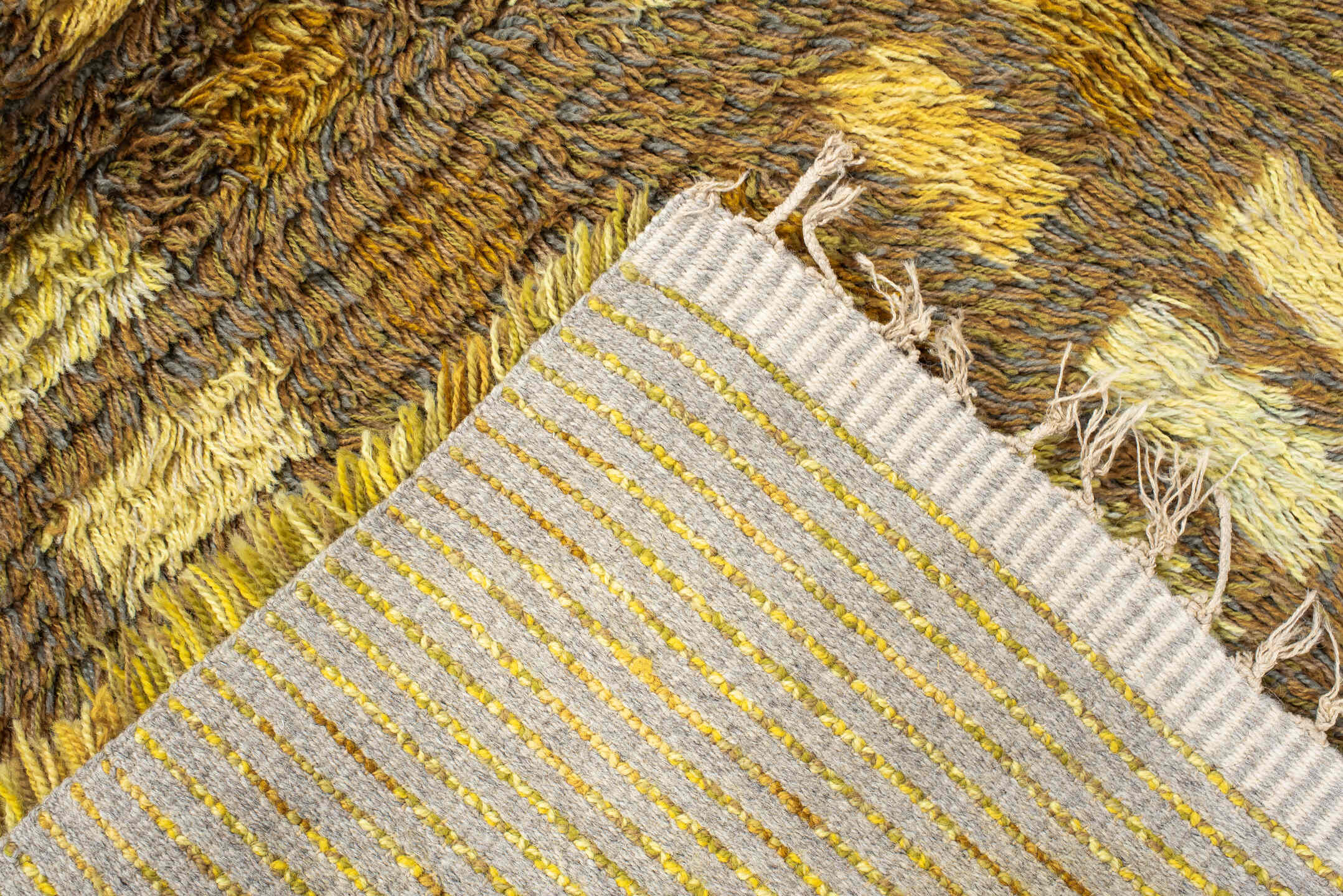 4' x 5' one-of-a-kind handmade vintage Rya-Swedish small size rug. Color palette: gold, brown, ochre, ivory, camel, olive