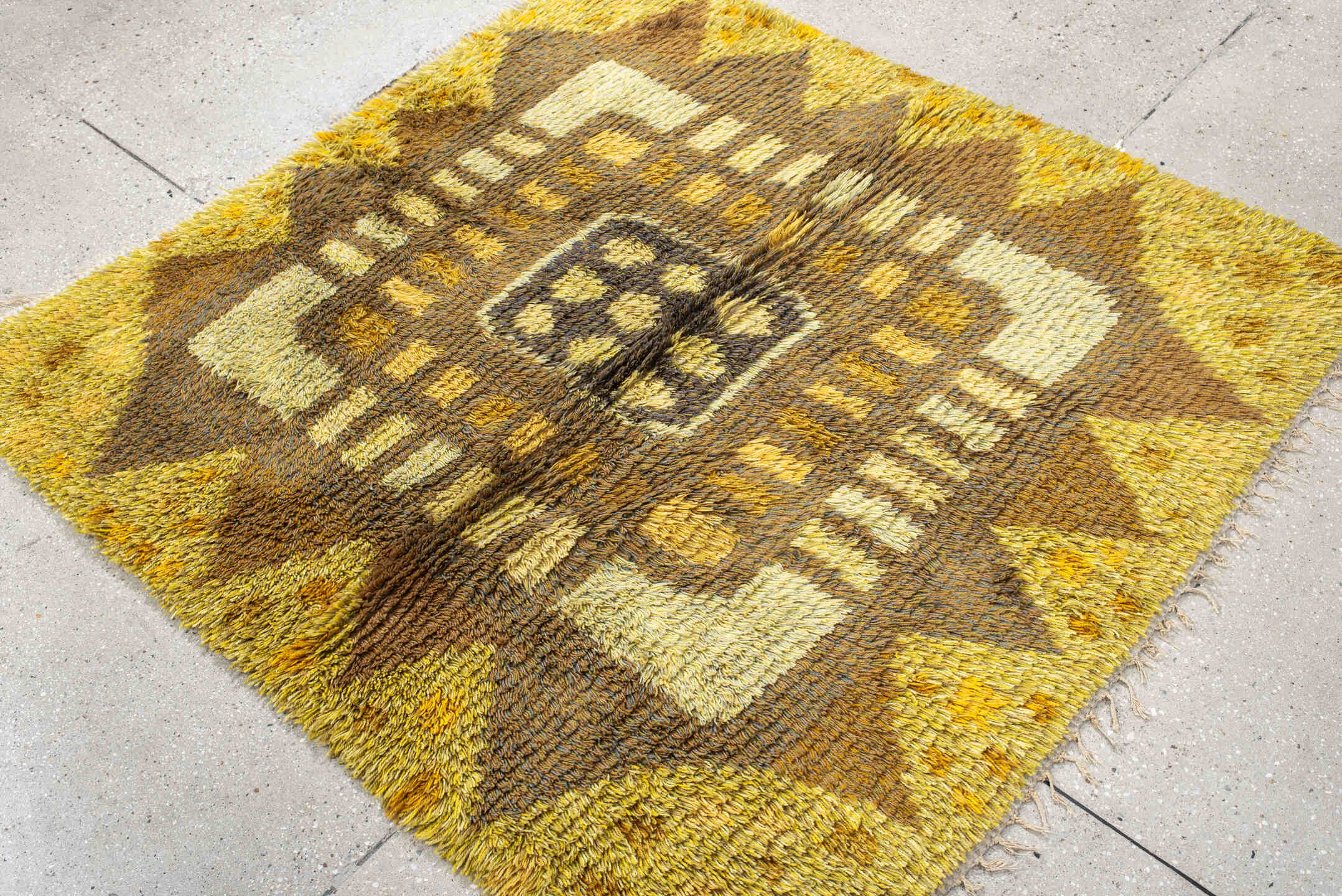 4' x 5' one-of-a-kind handmade vintage Rya-Swedish small size rug. Color palette: gold, brown, ochre, ivory, camel, olive
