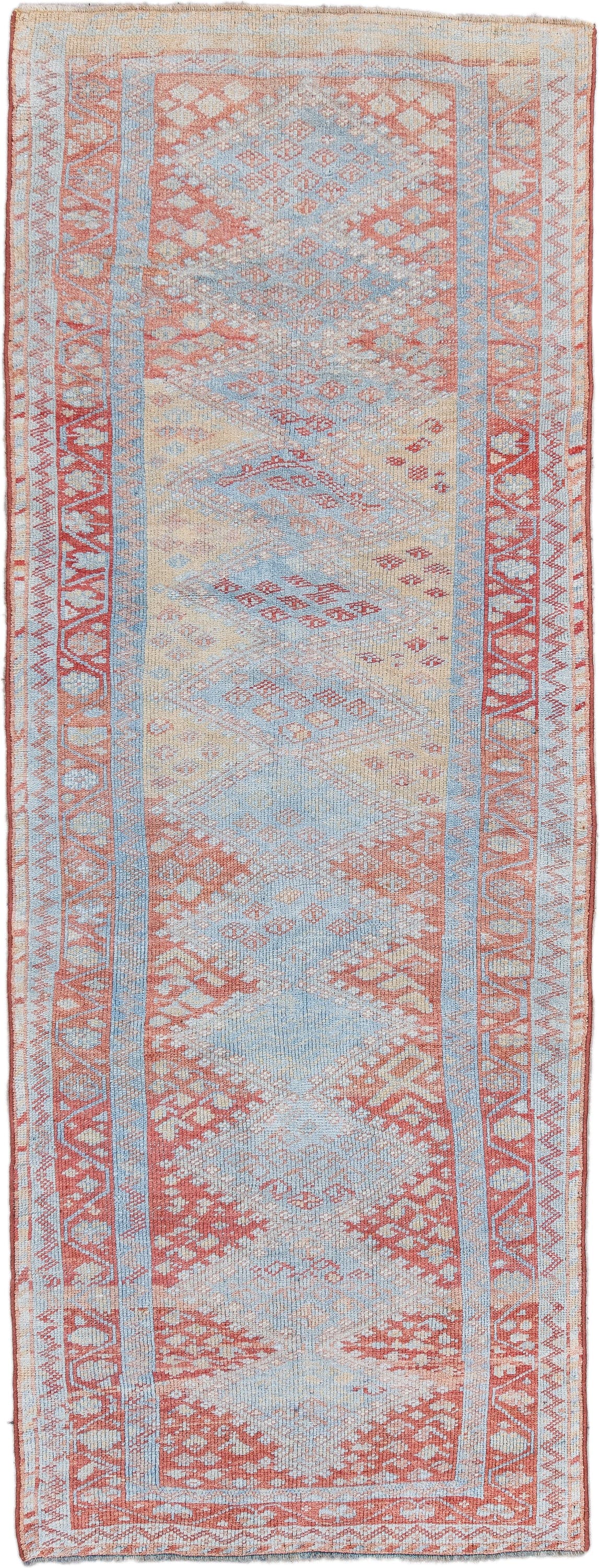 3' x 9' one-of-a-kind handmade antique Kurd runner rug. Color palette: ivory, sky blue, coral, rust, pale blue, salmon