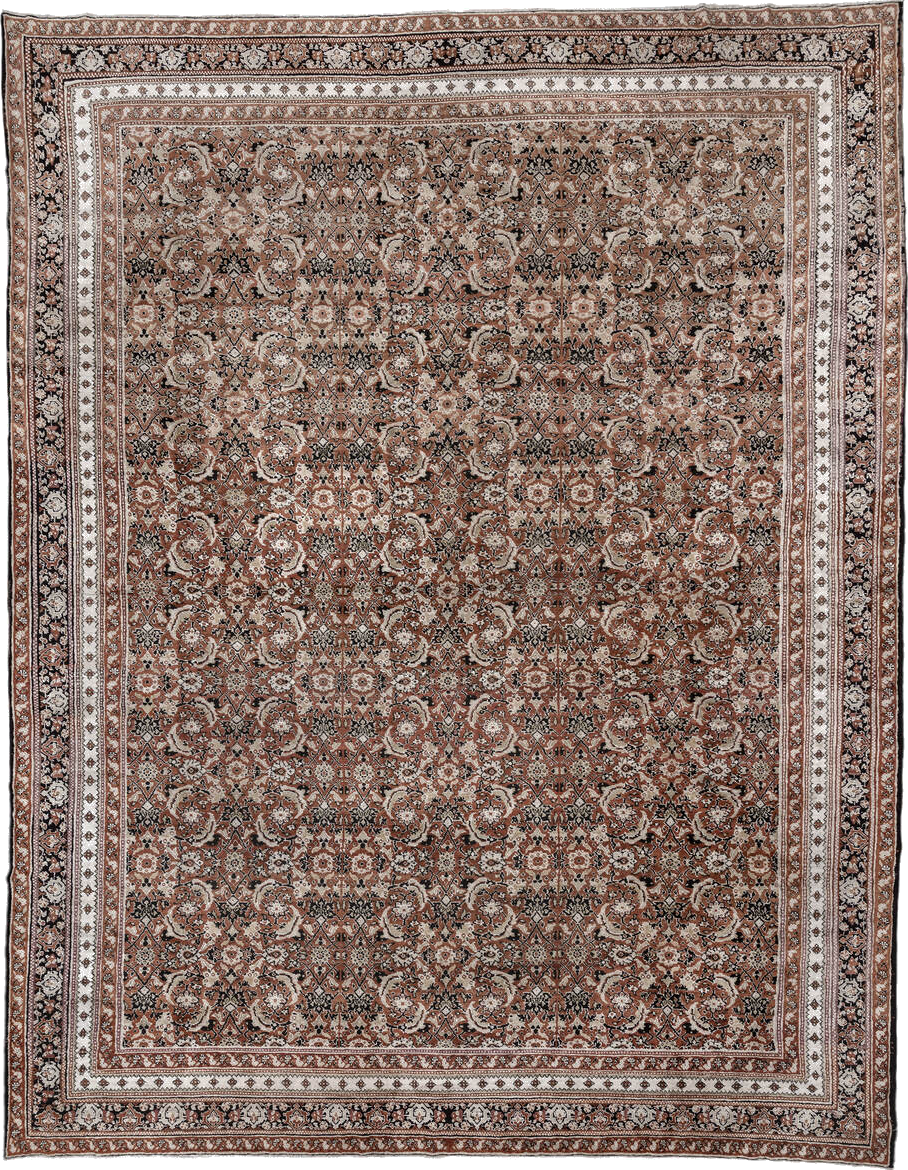 12' x 15' one-of-a-kind handmade vintage Agra oversize rug. Color palette: black, brown, charcoal, gray, light gray