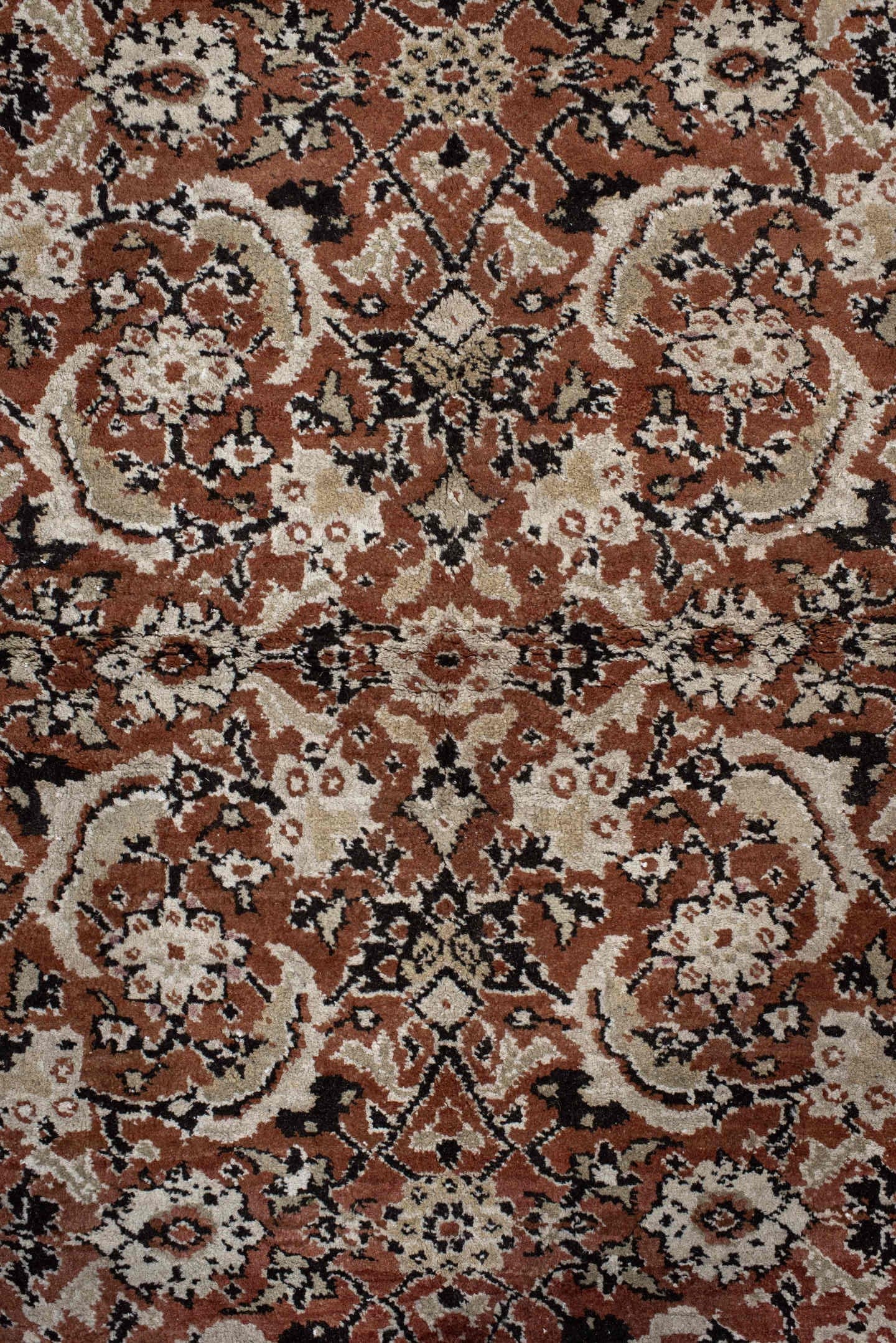 12' x 15' one-of-a-kind handmade antique Agra oversize rug. Color palette: terra cotta, ivory, charcoal, taupe, brown, camel