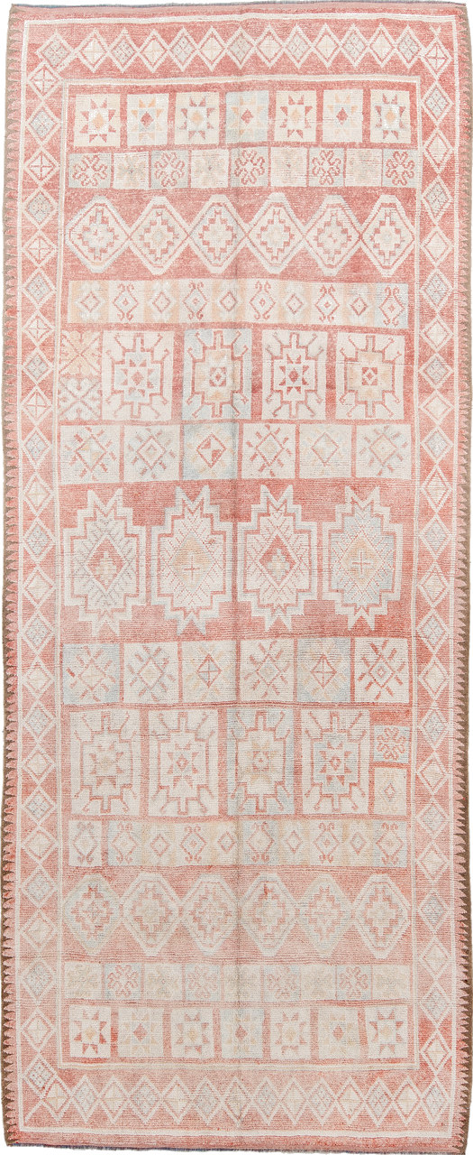 4' x 11' one-of-a-kind handmade vintage Moroccan runner rug. Color palette: antiquewhite, brown, gainsboro, gray, light gray