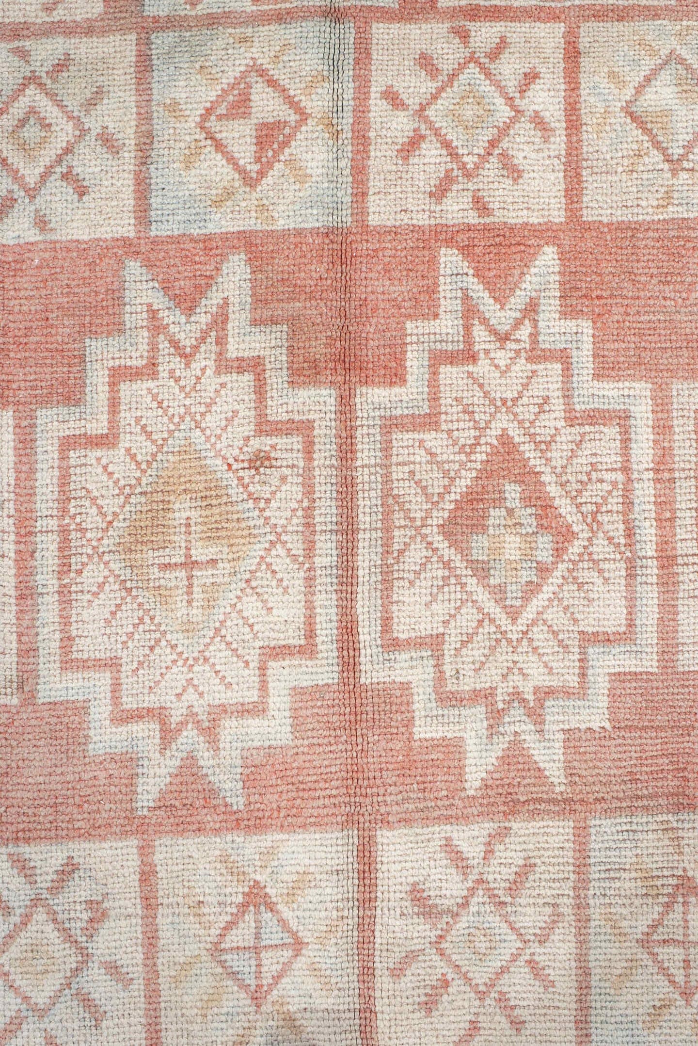 4' x 11' one-of-a-kind handmade antique Moroccan runner rug. Color palette: ivory, salmon, blush, peach, pink, terracotta