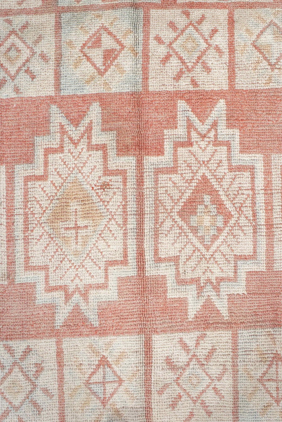 4' x 11' one-of-a-kind handmade antique Moroccan runner rug. Color palette: ivory, salmon, blush, peach, pink, terracotta