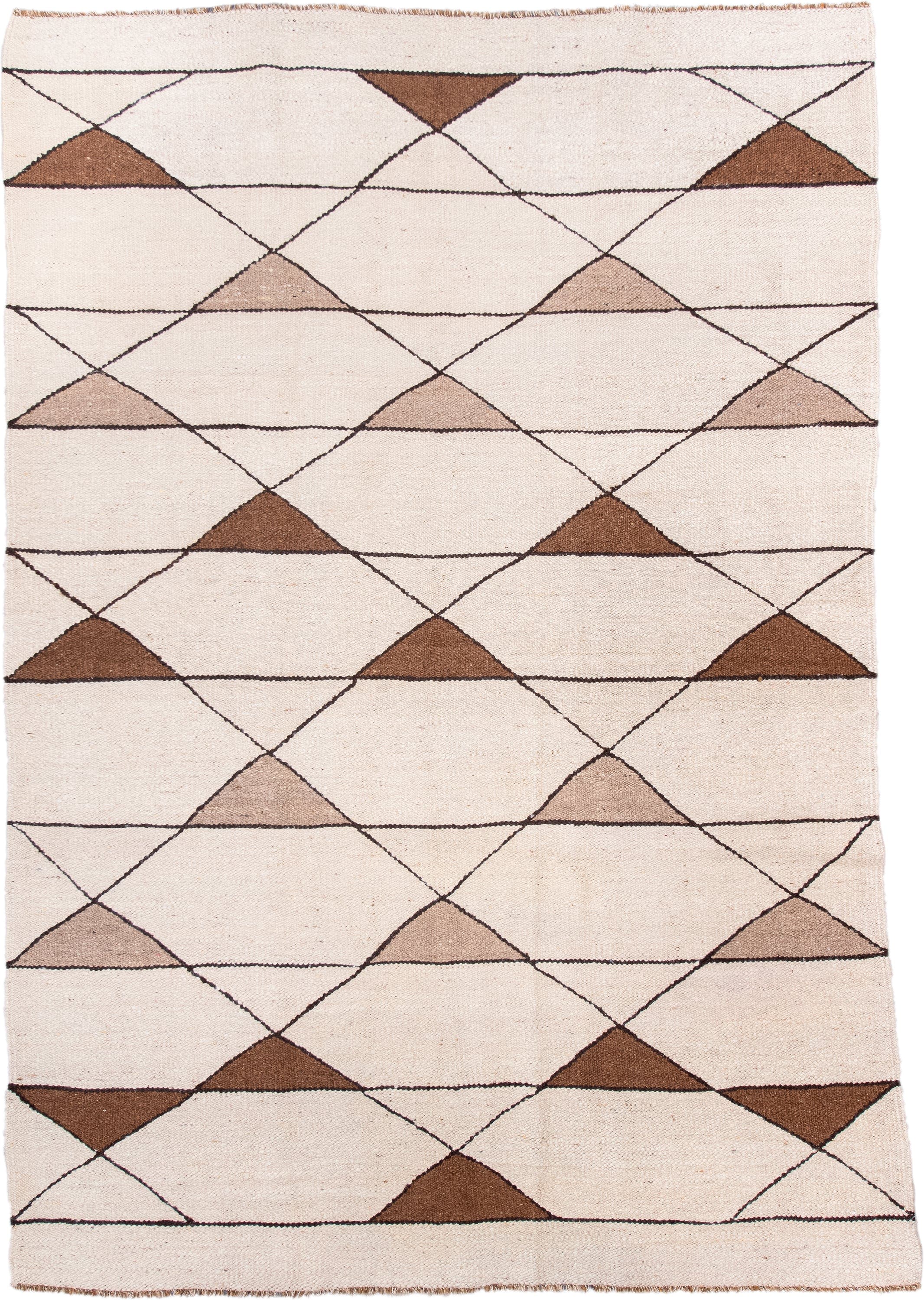 6' x 9' one-of-a-kind handmade antique Kilim medium size rug. Color palette: ivory, brown, taupe, charcoal, beige, gray