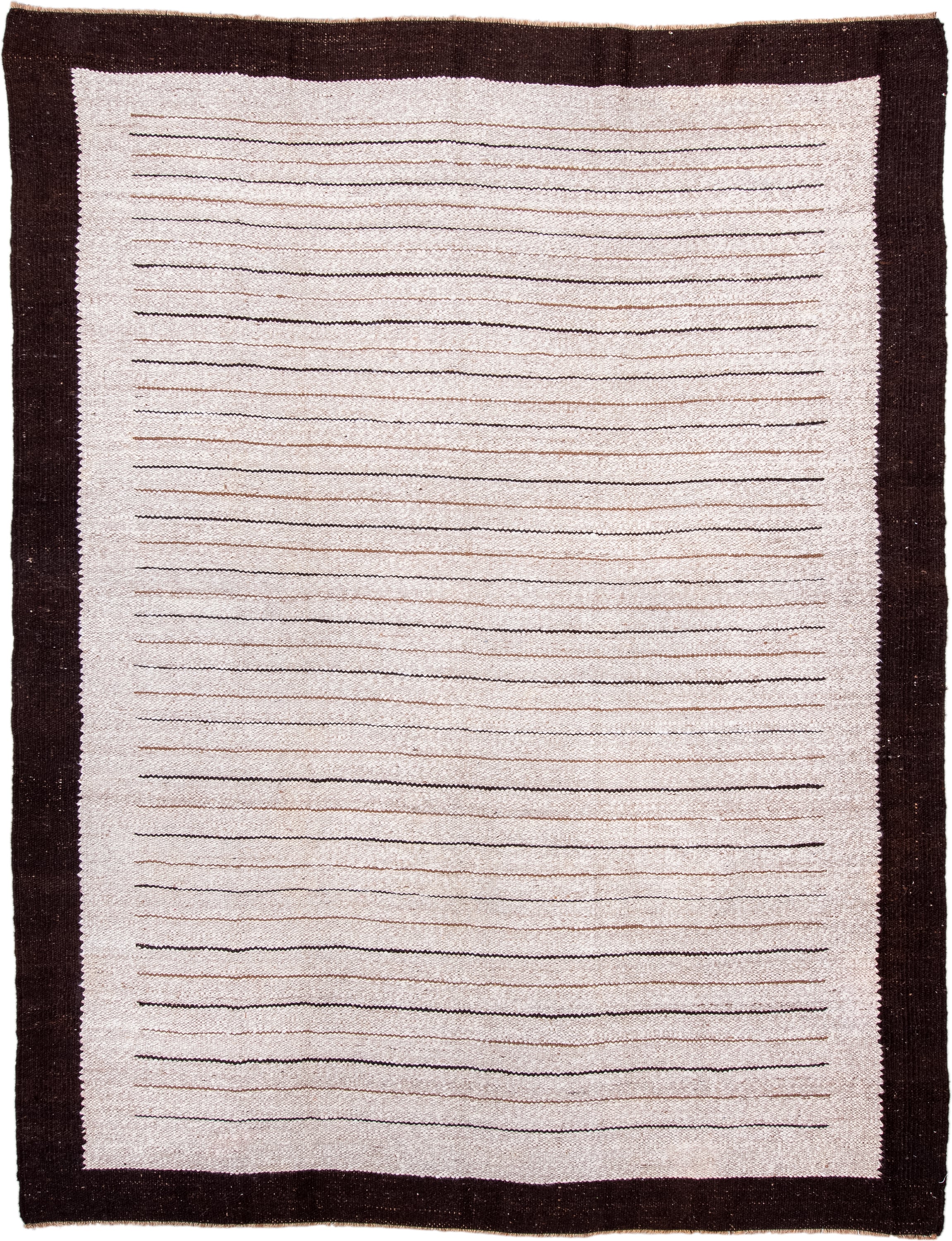 8' x 10' one-of-a-kind handmade antique Kilim large size rug. Color palette: ivory, espresso, taupe, brown, black, beige