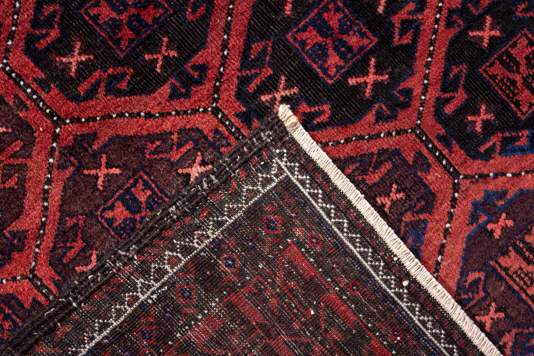 3' x 6' one-of-a-kind handmade vintage Belouch small size rug. Color palette: brown, gray, light coral, light gray, pink