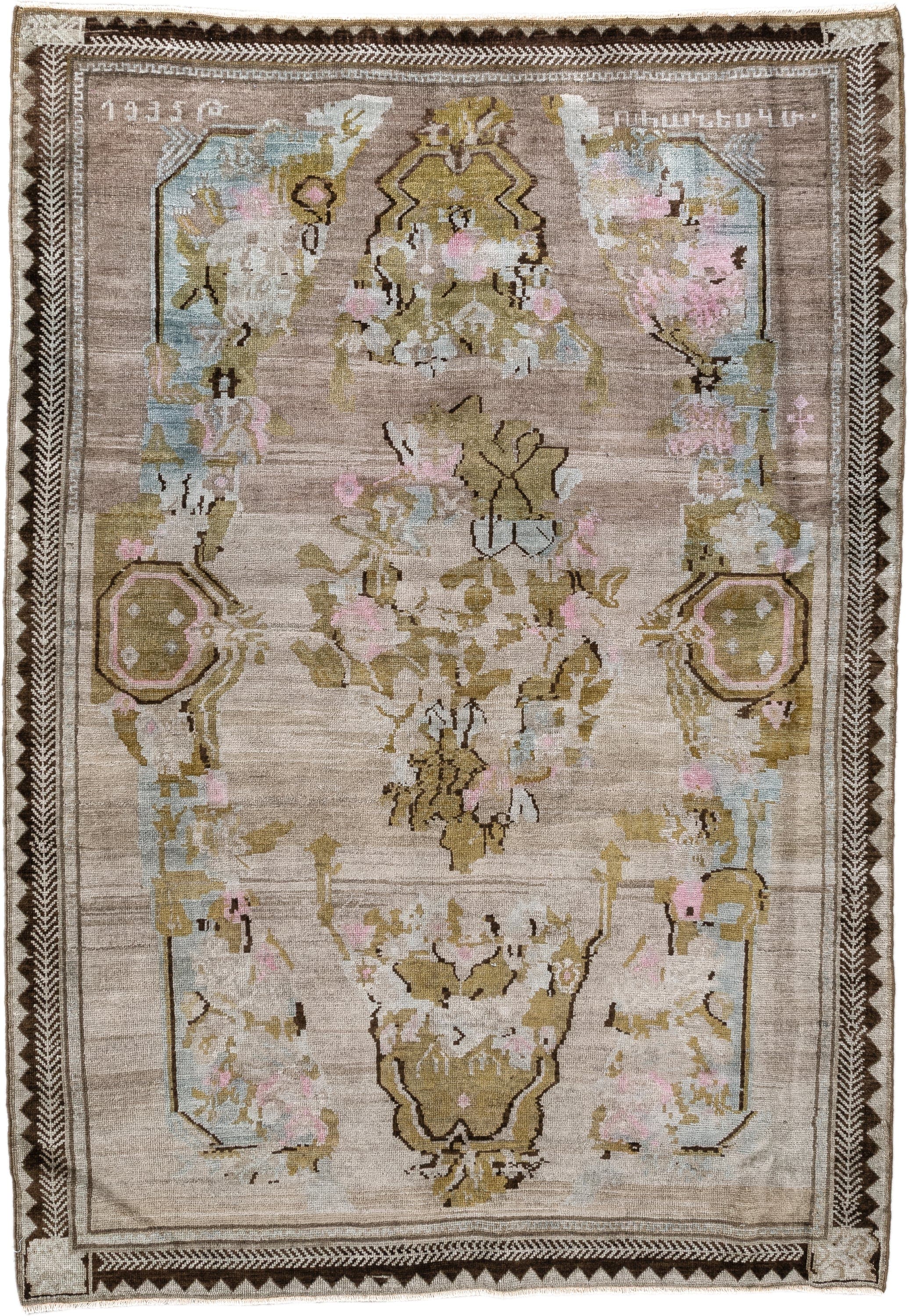 4' x 5' one-of-a-kind handmade antique Karabagh small size rug. Color palette: taupe, olive, ivory, brown, pale blue, rose