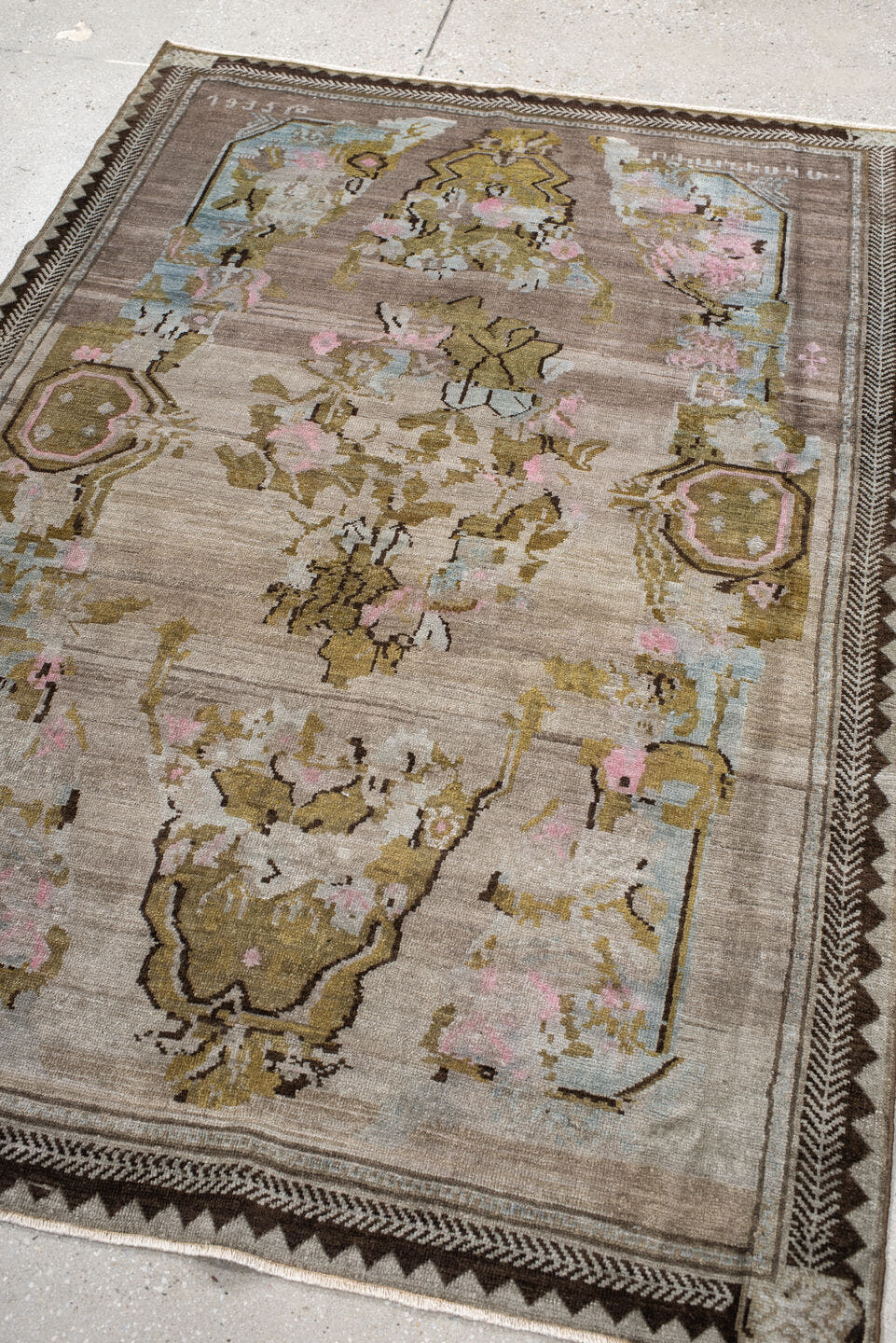 4' x 5' one-of-a-kind handmade antique Karabagh small size rug. Color palette: taupe, olive, ivory, brown, pale blue, rose