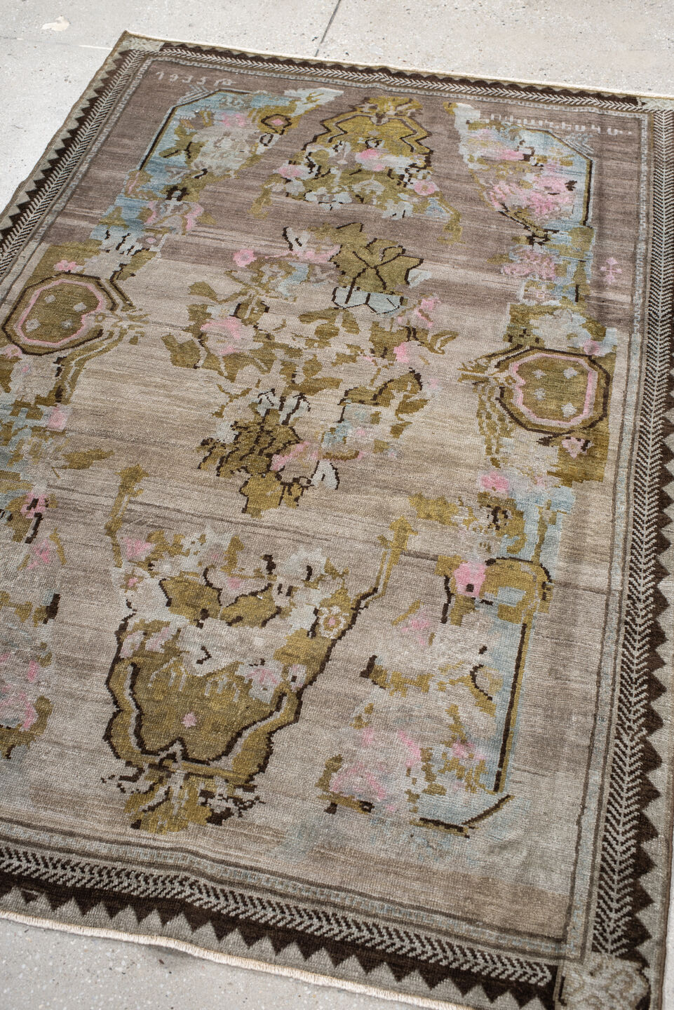 4' x 5' one-of-a-kind handmade antique Karabagh small size rug. Color palette: taupe, olive, ivory, brown, pale blue, rose