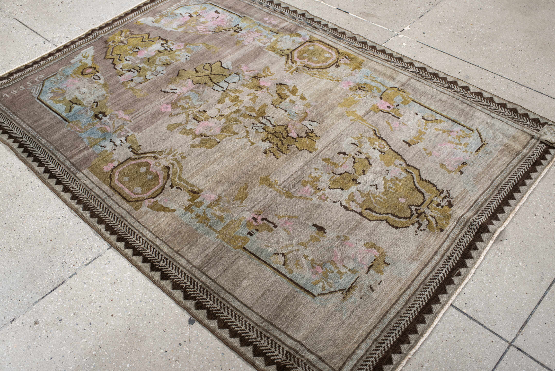4' x 5' one-of-a-kind handmade antique Karabagh small size rug. Color palette: taupe, olive, ivory, brown, pale blue, rose