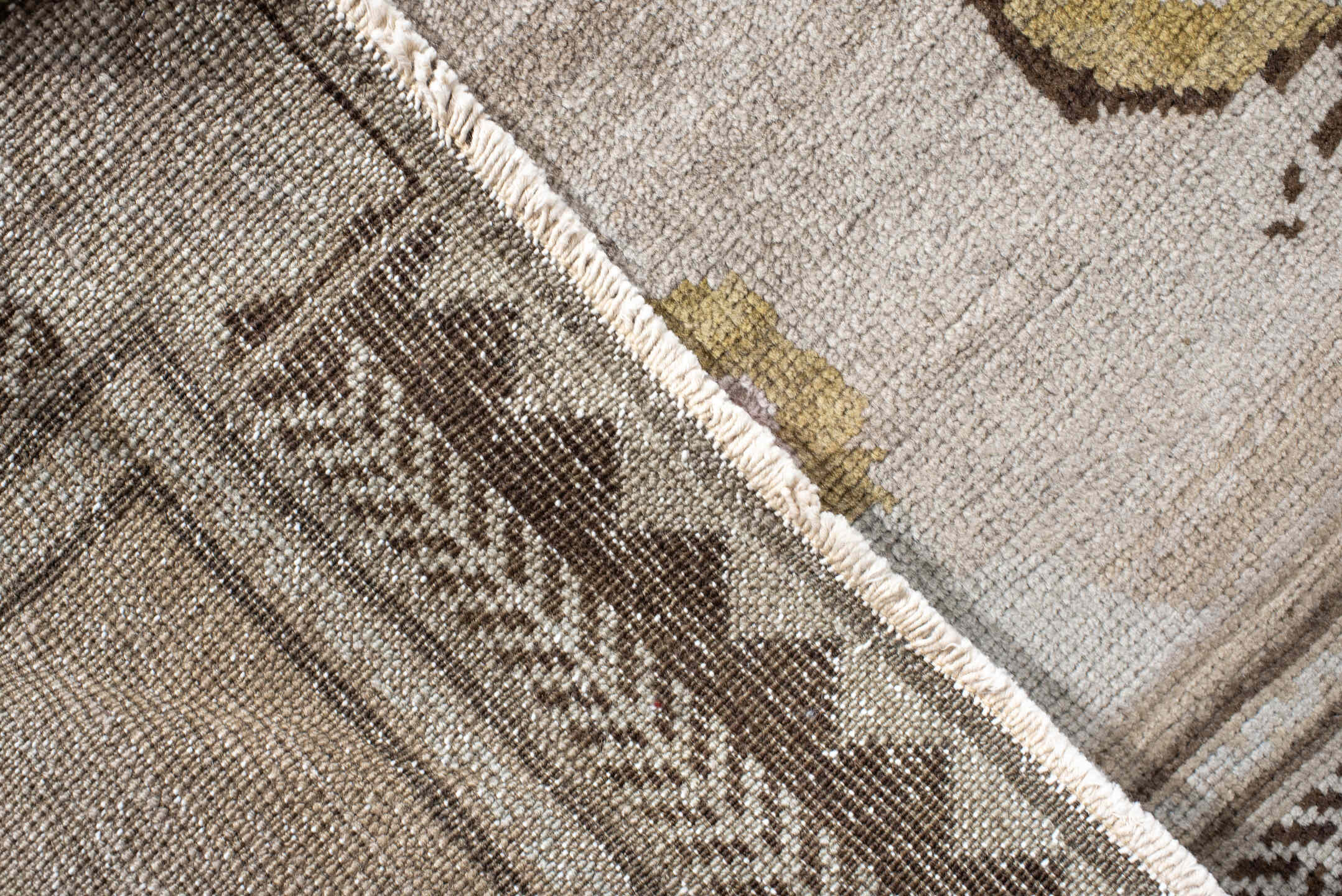 4' x 5' one-of-a-kind handmade antique Karabagh small size rug. Color palette: taupe, olive, ivory, brown, pale blue, rose