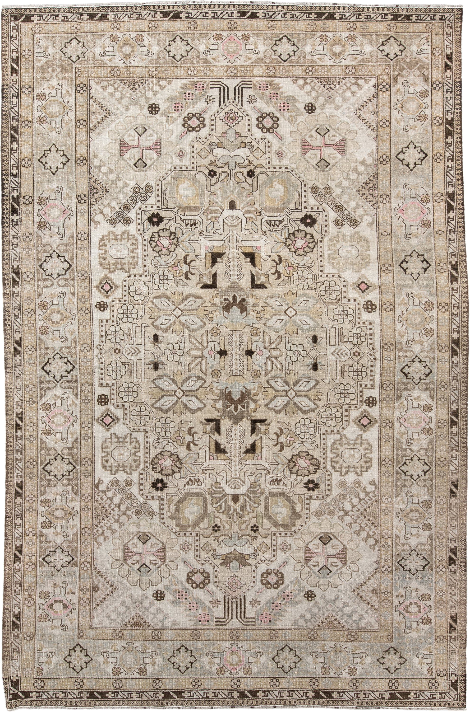7' x 10' one-of-a-kind handmade antique Ardebil large size rug. Color palette: ivory, taupe, camel, brown, blush, beige