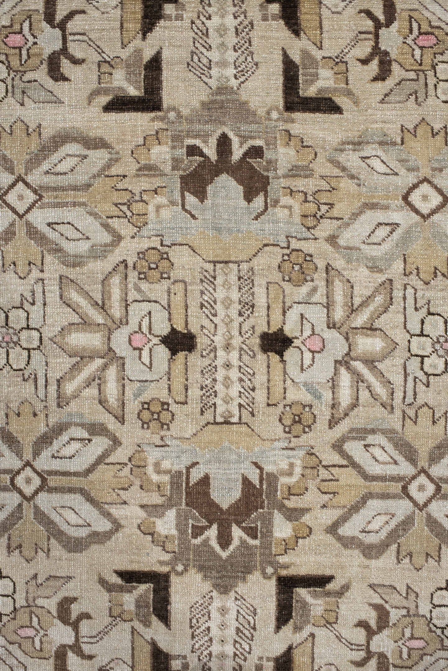 7' x 10' one-of-a-kind handmade antique Ardebil large size rug. Color palette: ivory, taupe, camel, brown, blush, beige