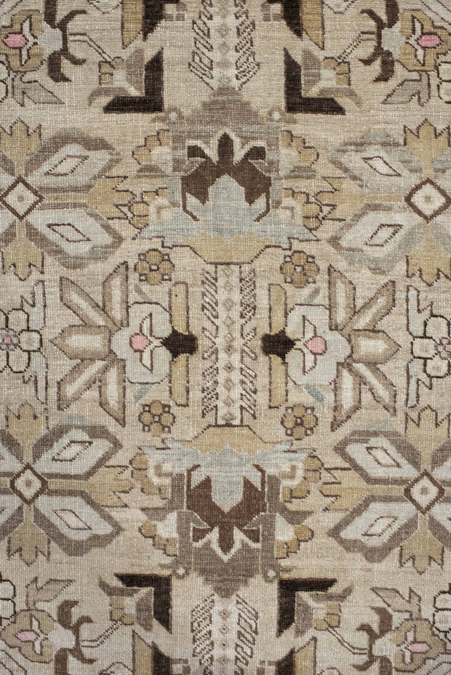 7' x 10' one-of-a-kind handmade antique Ardebil large size rug. Color palette: ivory, taupe, camel, brown, blush, beige