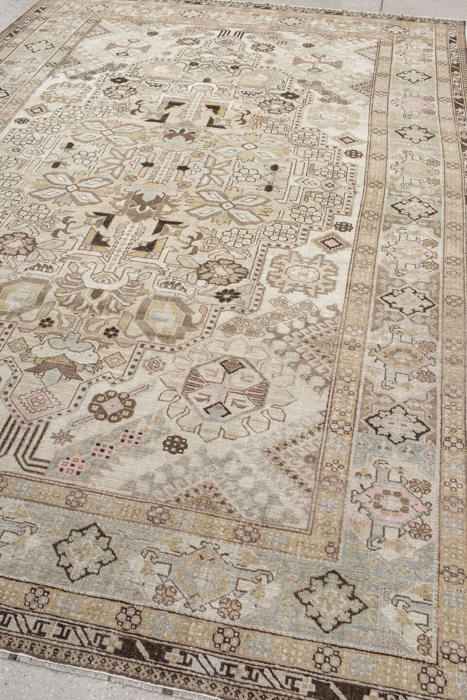 7' x 10' one-of-a-kind handmade antique Ardebil large size rug. Color palette: ivory, taupe, camel, brown, blush, beige