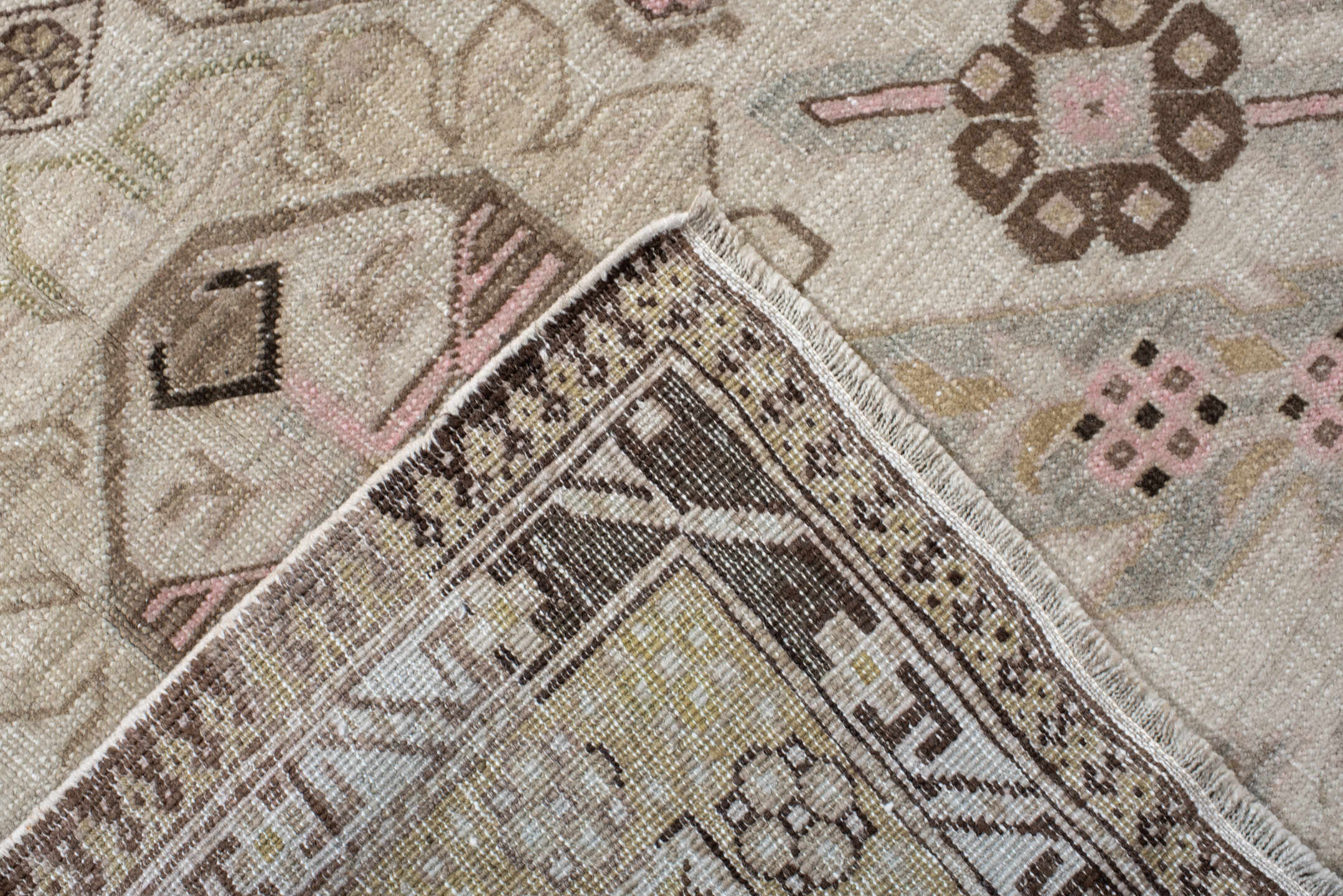 7' x 10' one-of-a-kind handmade antique Ardebil large size rug. Color palette: ivory, taupe, camel, brown, blush, beige