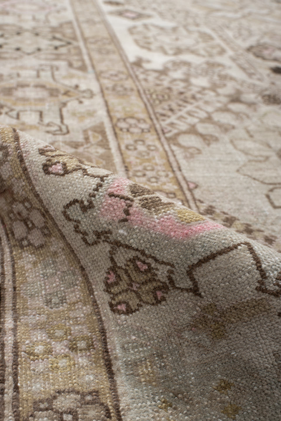7' x 10' one-of-a-kind handmade antique Ardebil large size rug. Color palette: ivory, taupe, camel, brown, blush, beige
