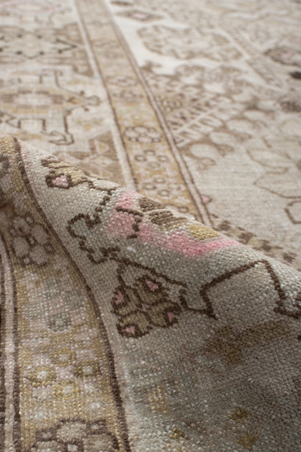 7' x 10' one-of-a-kind handmade antique Ardebil large size rug. Color palette: ivory, taupe, camel, brown, blush, beige