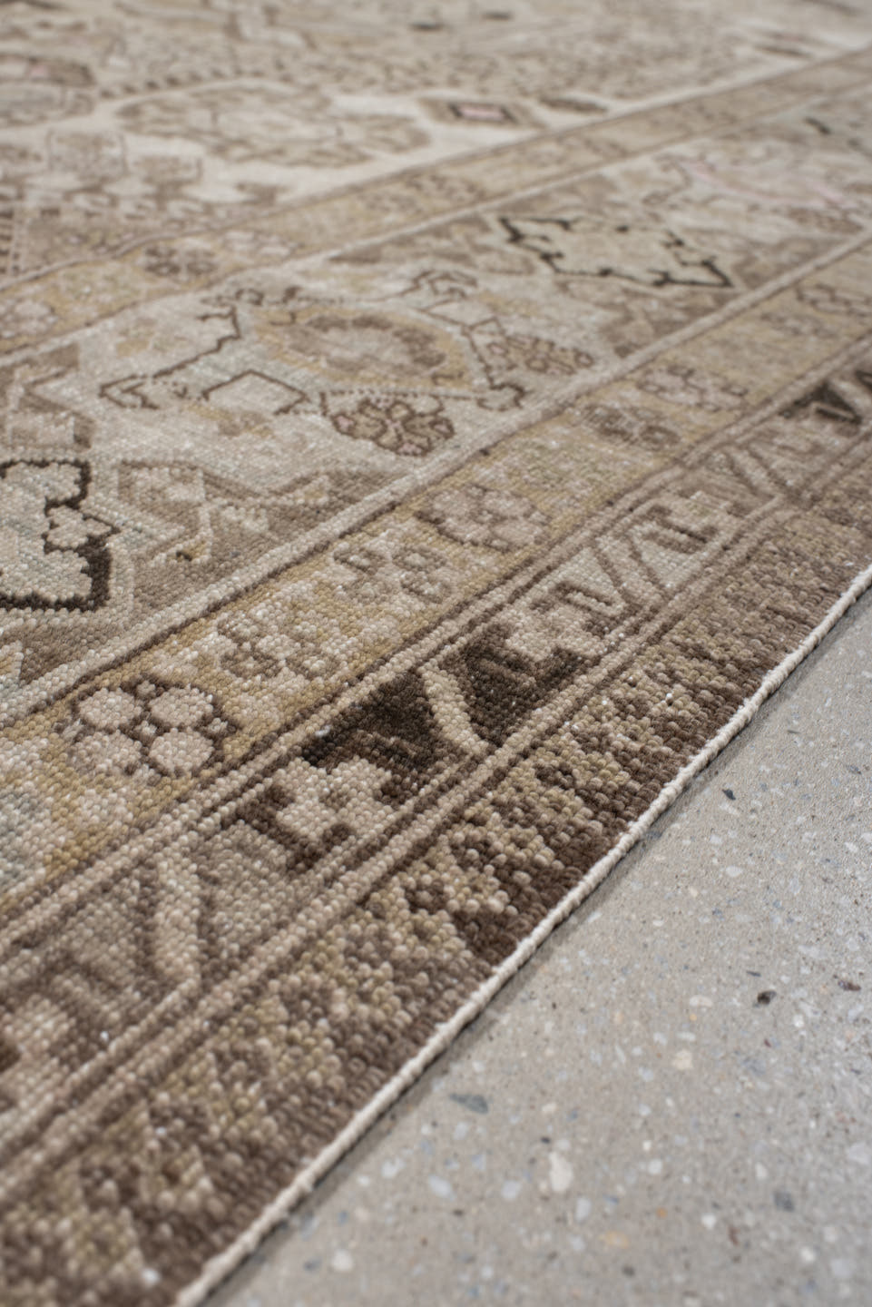 7' x 10' one-of-a-kind handmade antique Ardebil large size rug. Color palette: ivory, taupe, camel, brown, blush, beige