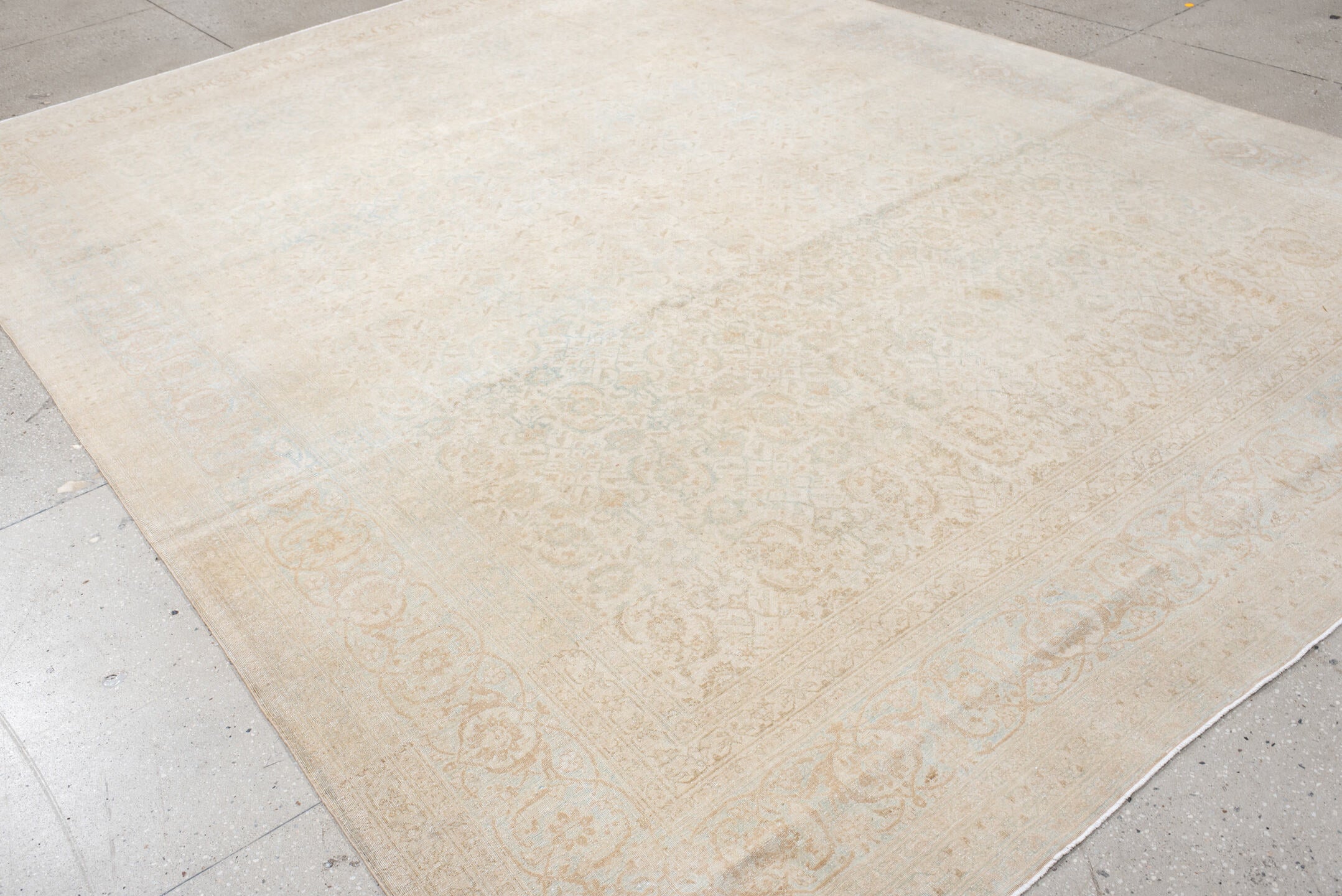 9' x 12' one-of-a-kind handmade antique Tabriz large size rug. Color palette: ivory, beige, pale blue, cream, taupe